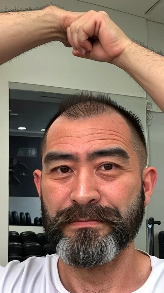 gym trainer, conspiracy theorist, hairy, shaved, Japanese, male, 50 years old, funny
