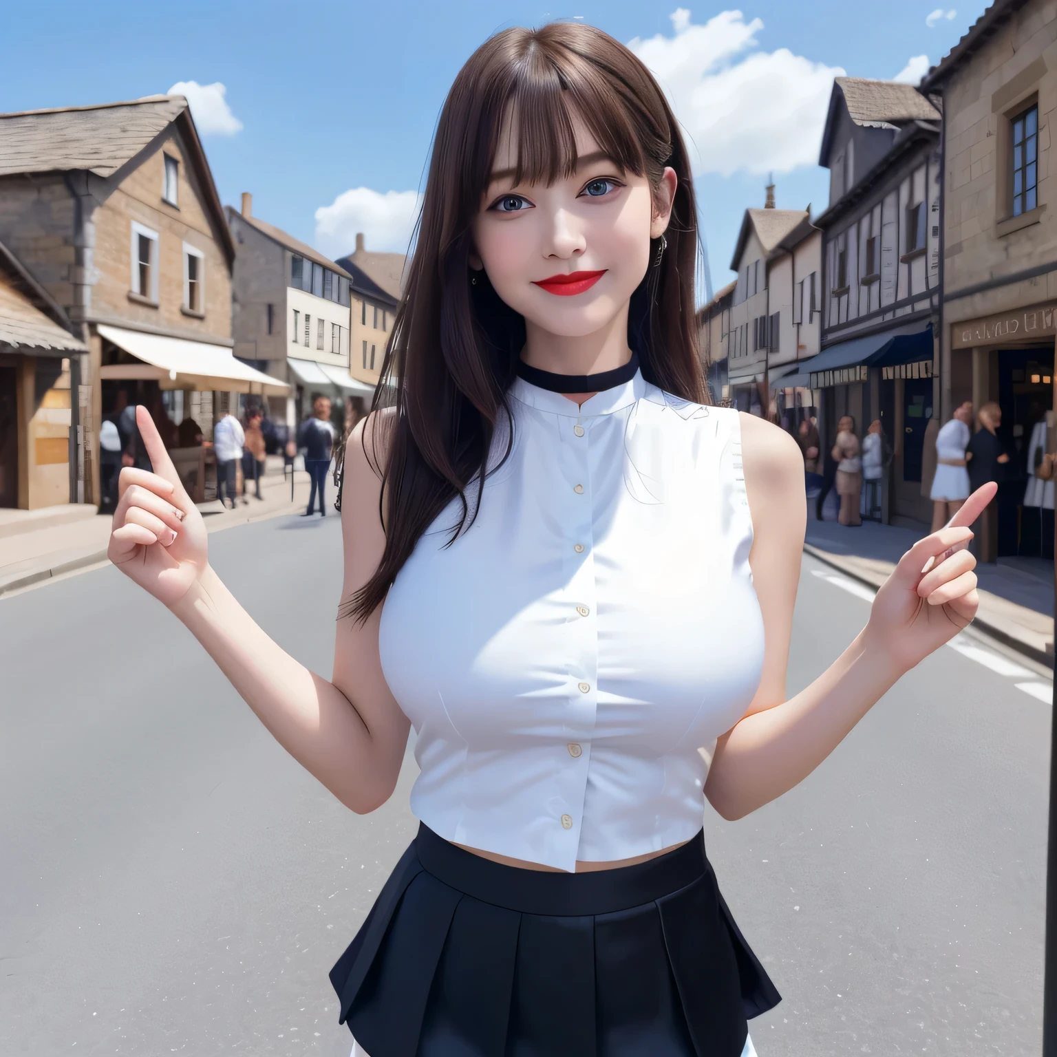 100 Girls,Crowded, Long Hair, Brown Hair, Sleeveless, sexy, A line of girls, Girls standing in line, Girls only, Sisters, ((White tight silk shirt、mini skirt)),Full body photo:1.9, Adorable, smile, Slim face, The body is slim, Short Brown Hair, 32k, masterpiece, Best image quality,Ultra-high resolution,Perfect hands,Black Choker、blue eyes、bangs、Very profuse and very long eyelashes, Lots of girls、((Big Breasts)), Dependents, Big Breasts, Red lipstick、blue sky、Medieval streetscape、European Villages,In front of the trading post