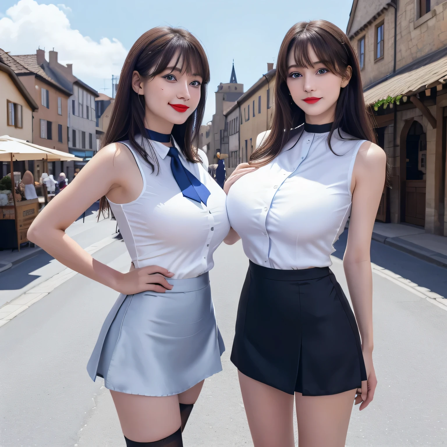 100 Girls,Crowded, Long Hair, Brown Hair, Sleeveless, sexy, A line of girls, Girls standing in line, Girls only, Sisters, ((White tight silk shirt、mini skirt)),Full body photo:1.9, Adorable, smile, Slim face, The body is slim, Short Brown Hair, 32k, masterpiece, Best image quality,Ultra-high resolution,Perfect hands,Black Choker、blue eyes、bangs、Very profuse and very long eyelashes, Lots of girls、((Big Breasts)), Dependents, Big Breasts, Red lipstick、blue sky、Medieval streetscape、European Villages,In front of the trading post