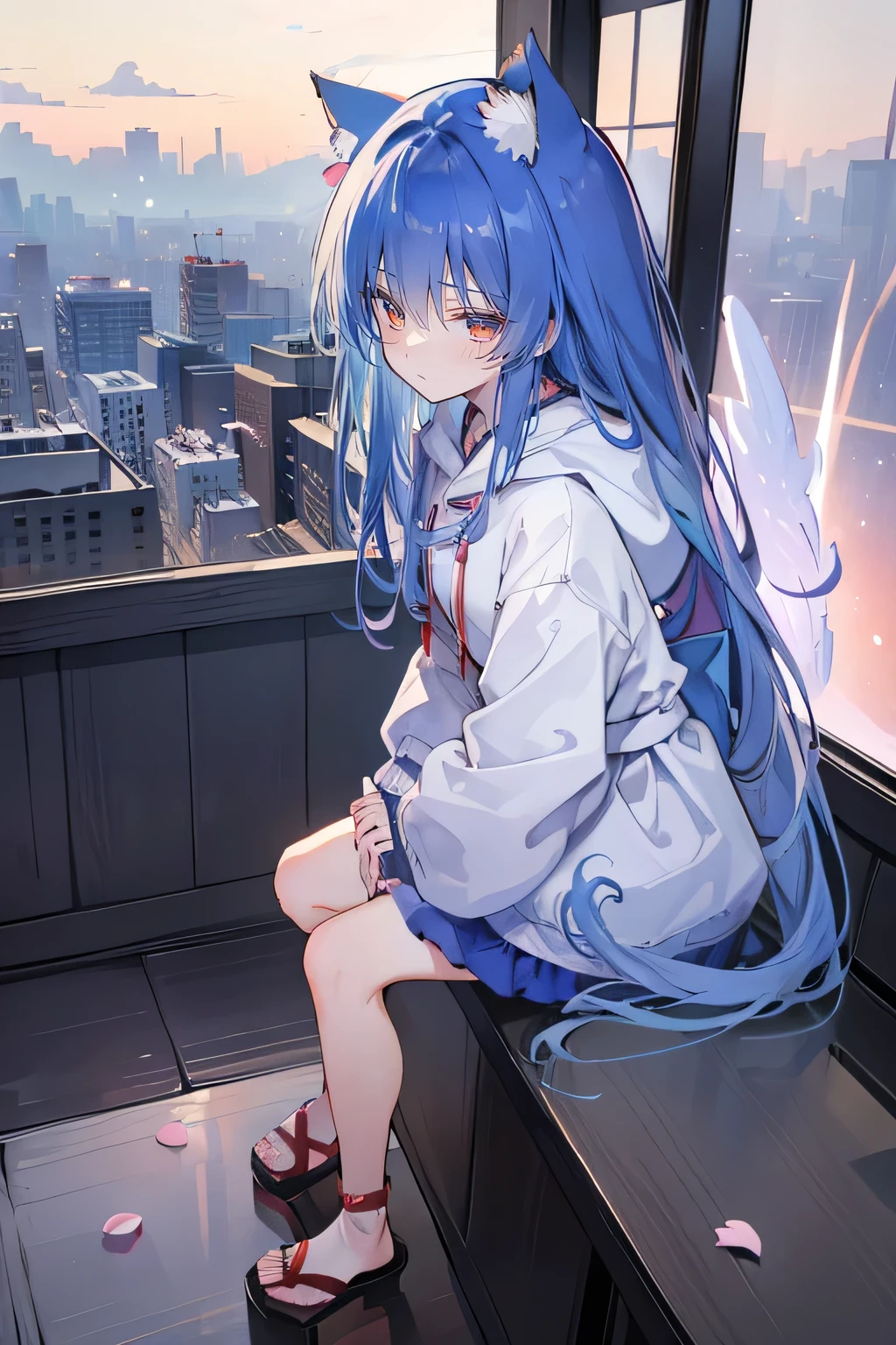 （masterpiece：1.2），Super detailed，lifelike，Expressive eyes，fair skin，perfect face shape，1 girl，
Japanese comics,Gorgeous blue hair,flowing blue hair,flowing clothes,Cat ears,Petals fall,beautiful lola,Baby Angel,
Cross your legs，Gentle and peaceful background，The pavilion is cool and comfortable,smile, wearing hoodie, background of tokyo,back views,snowing, winter,sunrise.