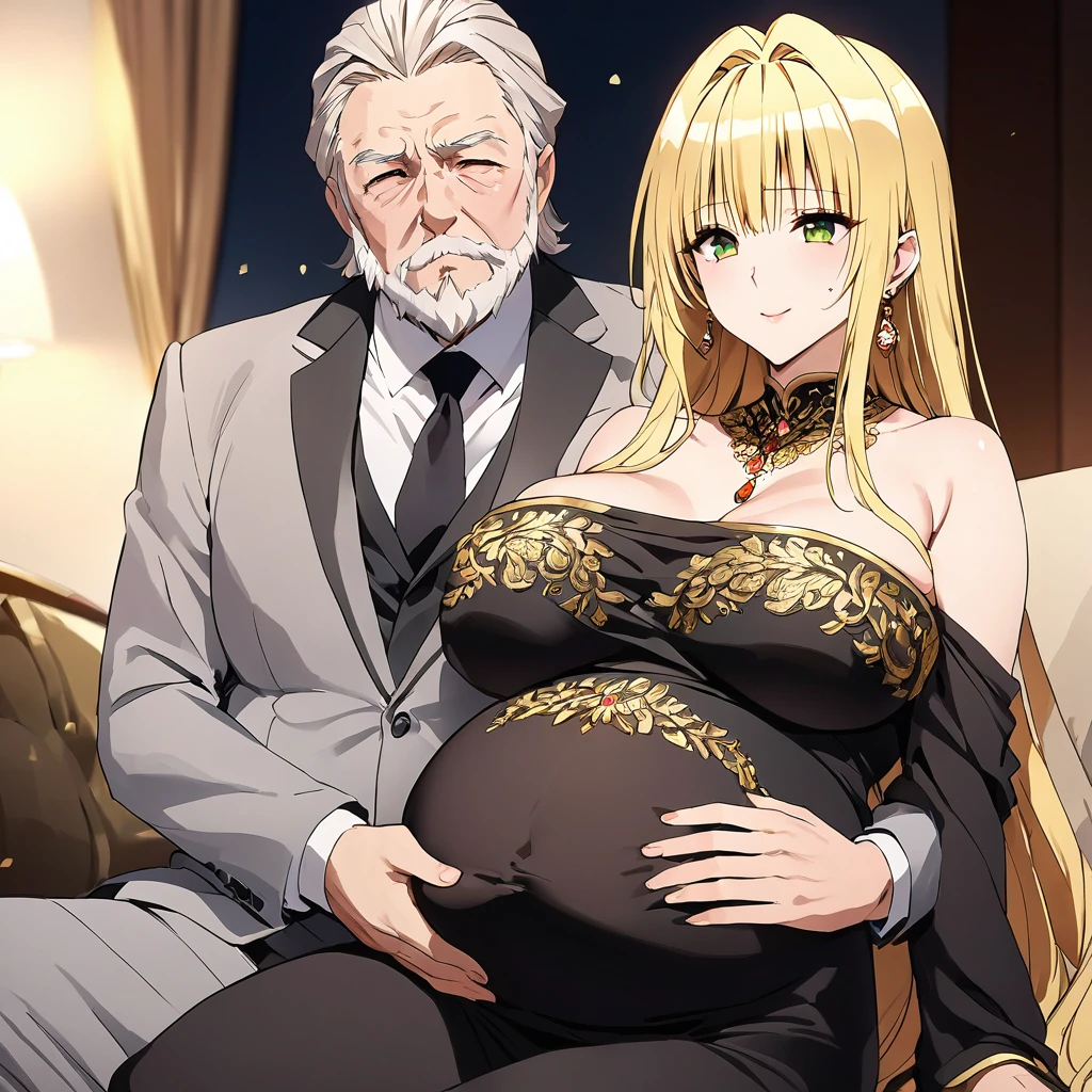 ((Highest quality)), ((masterpiece)), (detailed), (Perfect Face)、The woman is a thief with green eyes, medium-long blonde hair, and is wearing a luxurious black maternity dress with gold embroidery and trim, jeweled earrings, and an engagement ring.、The woman is sitting close to the man on a luxurious sofa in a luxurious room, the couple sitting side by side、The man is a dignified, bearded old man, extremely wealthy, wearing an expensive suit with lavish gold embroidery and trim, and wearing an engagement ring.、the woman is pregnant