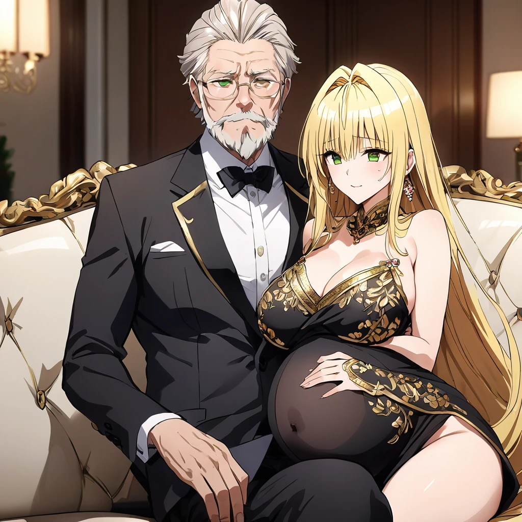 ((Highest quality)), ((masterpiece)), (detailed), (Perfect Face)、The woman is a thief with green eyes, medium-long blonde hair, and is wearing a luxurious black maternity dress with gold embroidery and trim, jeweled earrings, and an engagement ring.、The woman is sitting close to the man on a luxurious sofa in a luxurious room, the couple sitting side by side、The man is a dignified, bearded old man, extremely wealthy, wearing an expensive suit with lavish gold embroidery and trim, and wearing an engagement ring.、the woman is pregnant