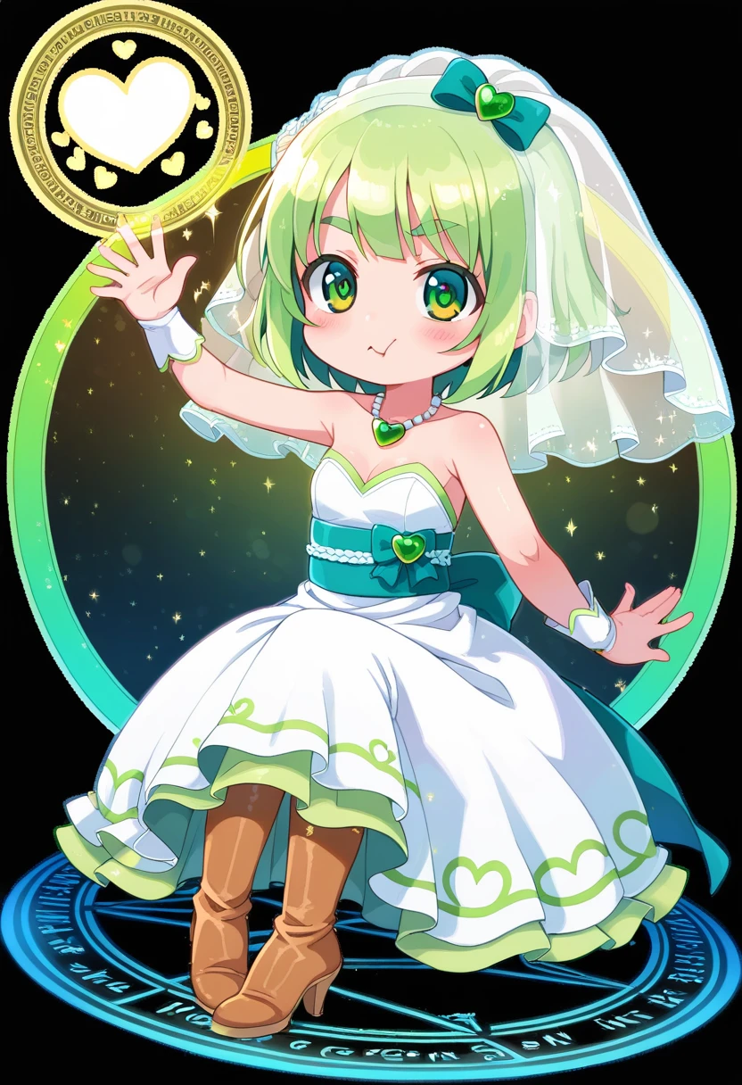 score_9, ,score_7_up, score_6_up, 1girl, source_cartoon, source_anime,breathtalking Scenery,watercolor,smooth soft skin, natural skin,mjm,brs 
BREAK 
(loli:1.4),(little female child:1.4), small breast,cute face, (loli toddler:1.1), 6 yo,kawaii, (highlight on eyes), (jiggly:0.8), shiny skin,beautiful eyes, detailed eyes, puffy eyes,
BREAK 
(medium green hair:1.3),(green maro eyebrows:1.6),pouty and slightly grumpy,(pout:1.2), ::(, (jitome),(frown:0.6),white streaked hair, green eyes, shining out line,
BREAK 
(hensin:1.3),(henshin:1.3), magical girl,,(transparent background:1.3),wearing shoes on feet, sidelocks, bow, gem necklace, deepgreen pleats overskirt,white dress,frills, sash, high_heels, collarbones, wedding dress, heart_print, 
BREAK
wearing boots on feet, wearing lightgreen magical Girl Costumes,(magical effect:1.2), magic circle,colorful background,light particles,light sparkles,crystal light,powder light,dynamicpose