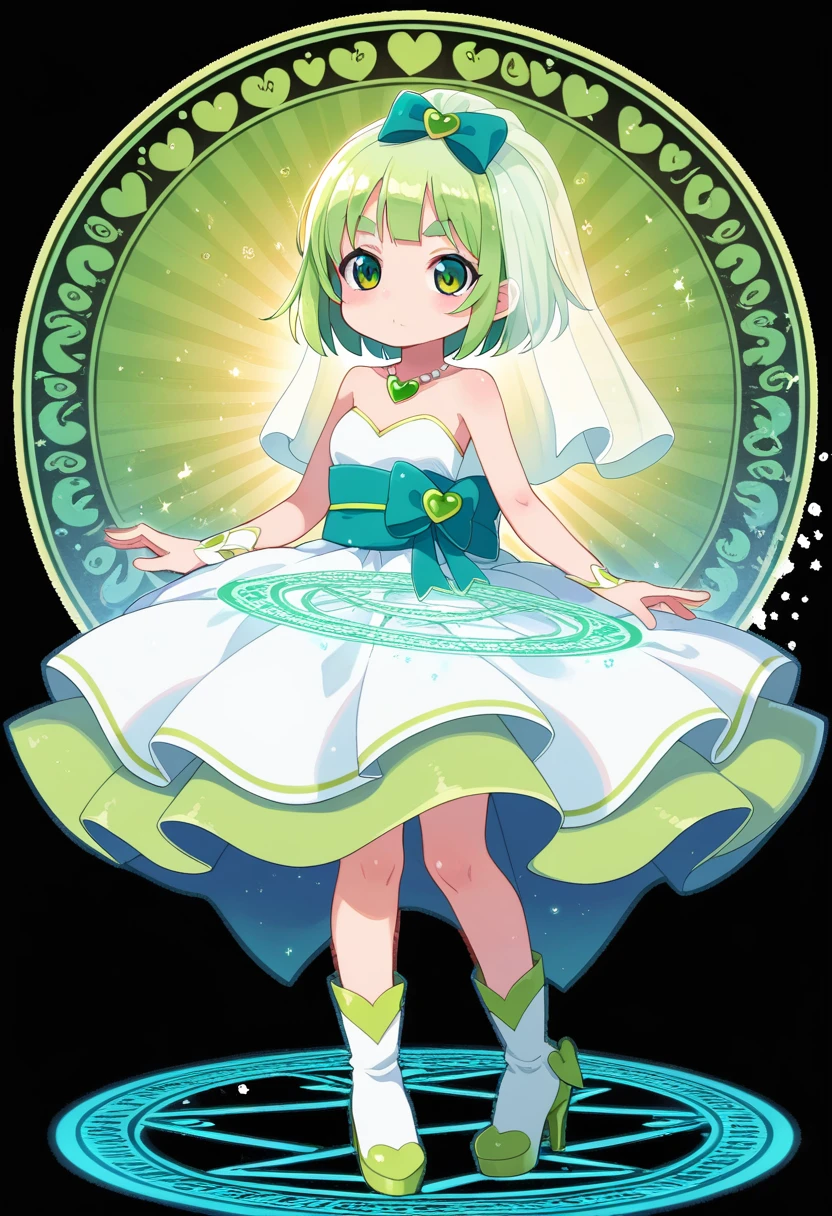 score_9, ,score_7_up, score_6_up, 1girl, source_cartoon, source_anime,breathtalking Scenery,watercolor,smooth soft skin, natural skin,mjm,brs
BREAK
(:1.4),(little female child:1.4), small breast,cute face, (lolidler:1.1), 6 yo,kawaii, (highlight on eyes), (jiggly:0.8), shiny skin,beautiful eyes, detailed eyes, puffy eyes,
BREAK
(medium green hair:1.3),(green maro eyebrows:1.6),pouty and slightly grumpy,(pout:1.2), ::(, (jitome),(frown:0.6),white streaked hair, green eyes, shining out line,
BREAK
(hensin:1.3),(henshin:1.3), magical girl,,(transparent background:1.3),wearing shoes on feet, sidelocks, bow, gem necklace, deepgreen pleats overskirt,white dress,frills, sash, high_heels, collarbones, wedding dress, heart_print,
BREAK
wearing boots on feet, wearing lightgreen magical Girl Costumes,(magical effect:1.2), magic circle,colorful background,light particles,light sparkles,crystal light,powder light,dynamicpose