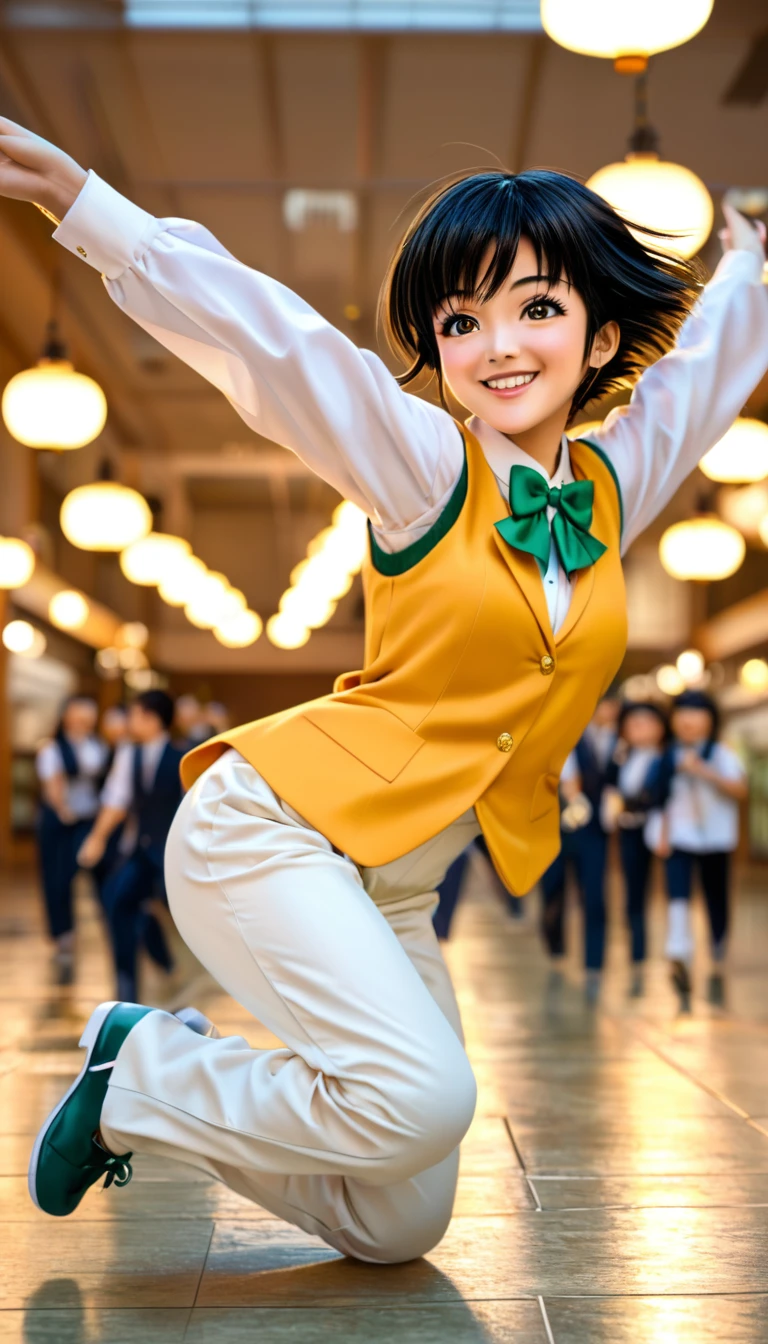 16K, phptorealstic, detail skin, a japanese highschool girl jumping on the floor, very cute, short hair with gold color, smile(0.5), vest lighting