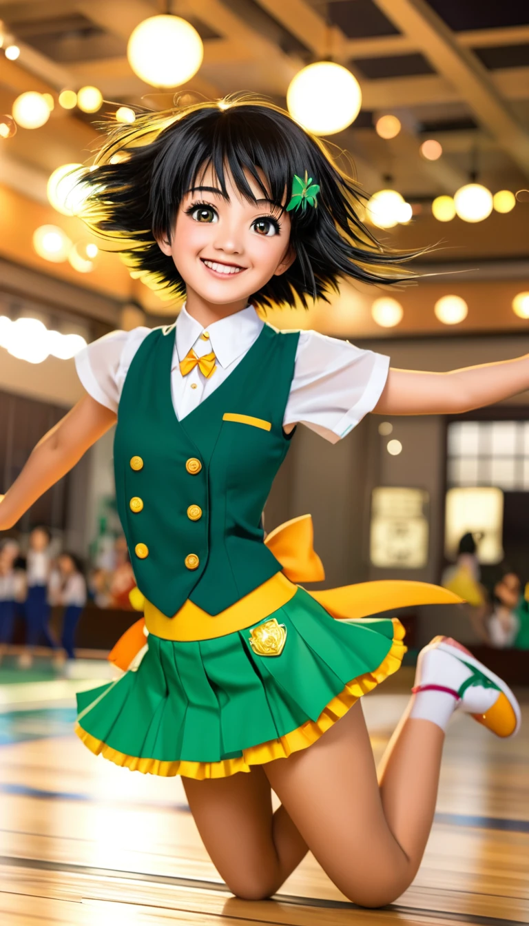 16K, phptorealstic, detail skin, a japanese highschool girl jumping on the floor, very cute, short hair with gold color, smile(0.5), vest lighting