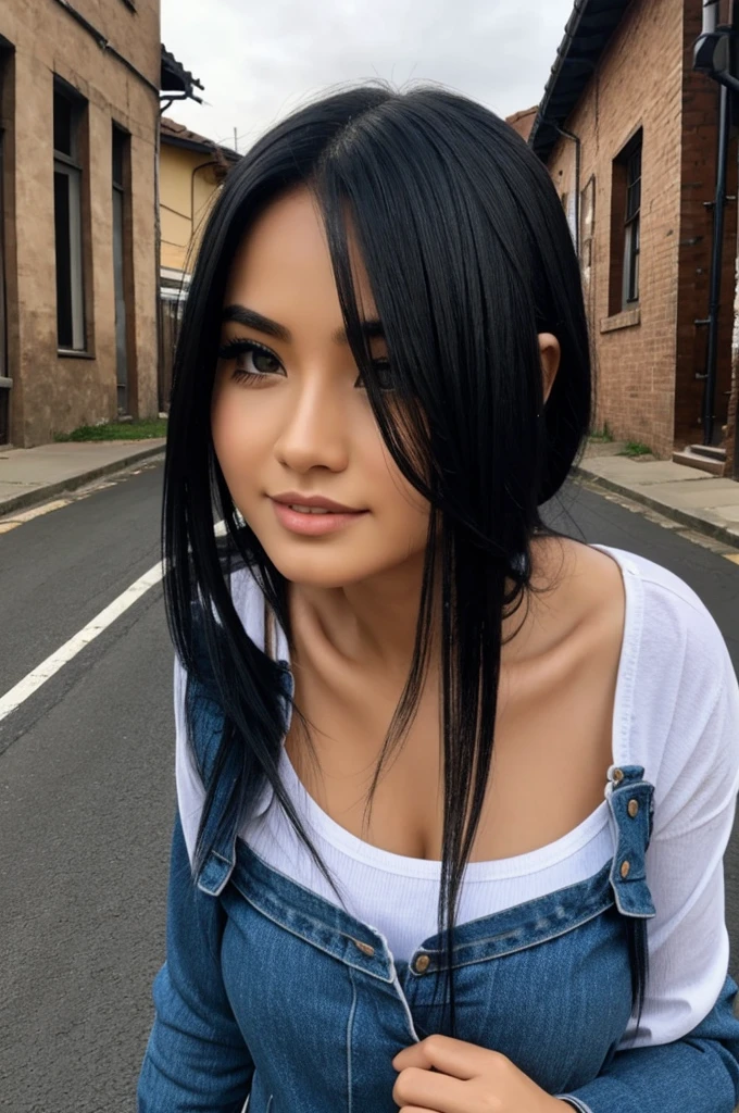 A girl with long black hair showing her pussy as a selfie