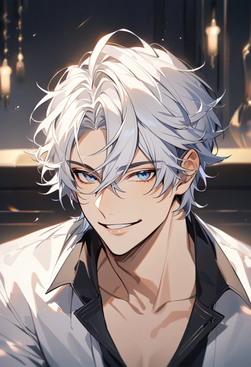 Handsome, solo, 1 male, short hair, gold eyes, white hair, smile facial, ((shirt)), blue eyes, загадочное выражение лица, (загадочная улыбка)