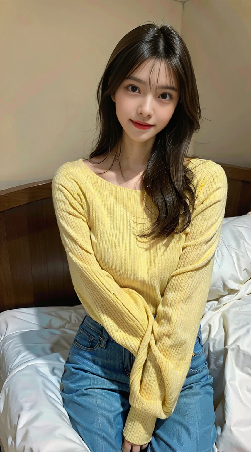 Best quality at best, full-body portraits, delicated face, Nice face, slimfigure, Yellow tight sweater,Skinny blue jeans,cabelos preto e longos,Cute big breasts,Bedrooms,onbed,ssmile,Stand up,Strike elegant poses