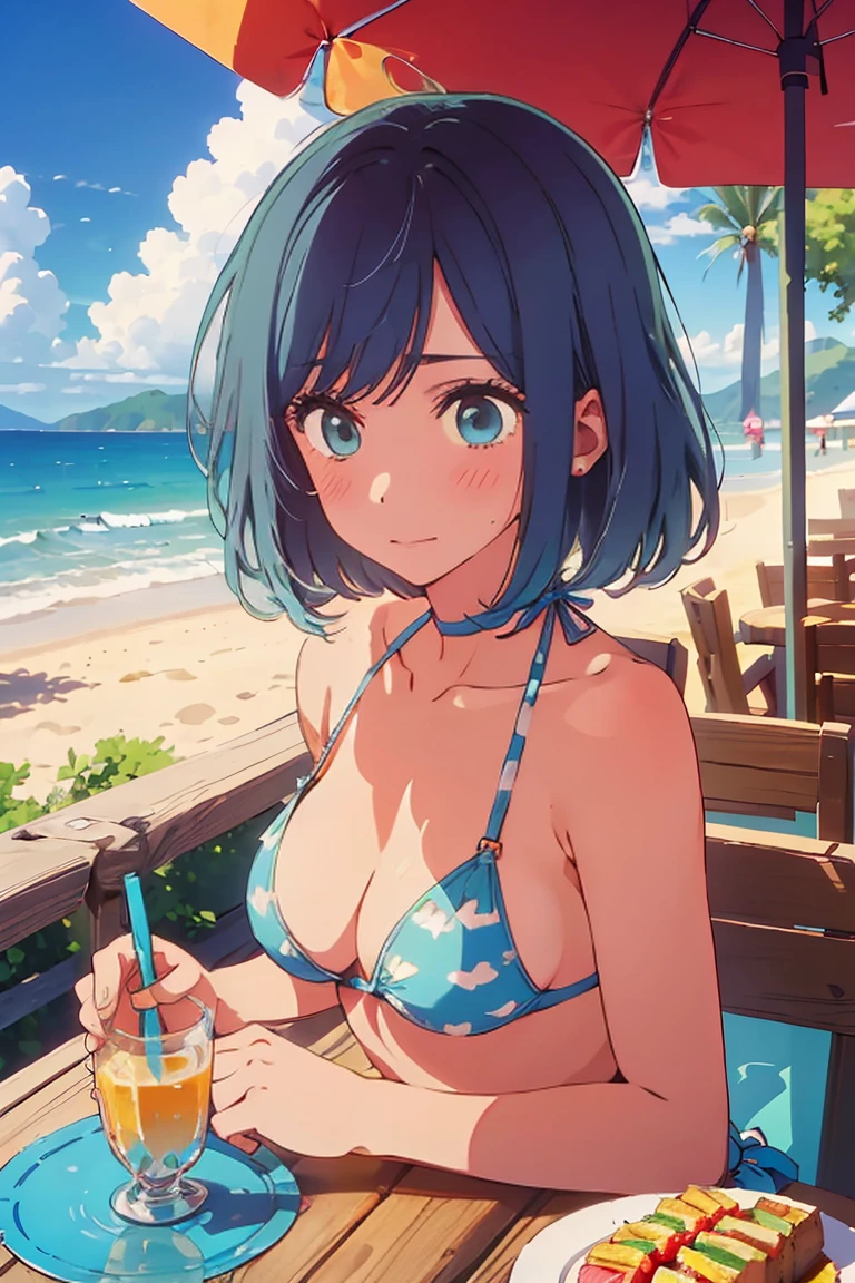 (Highest quality:1.4、masterpiece:1.4、Super detailed:1.4、8K:1.4)、((((1 person、Surprised expression、sit、Outdoor café terrace、coastal、juice、table、Sandy Beach、juiceのグラスを持つ、Big eyes、Plain Bikini、The depth of the written world、Very soft looking breasts、Very cute face))))、F cup bust、Medium breast