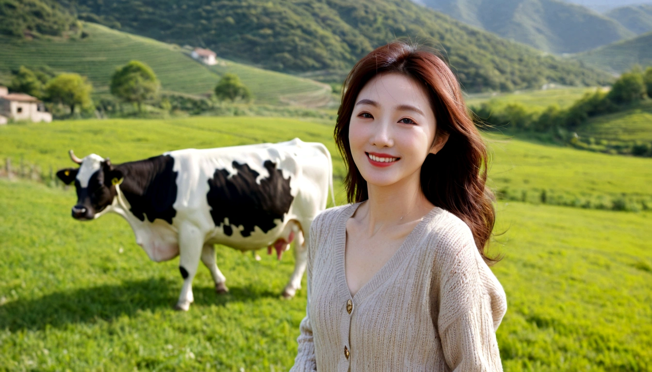 8k best picture quality, Beautiful 36-year-old Korean woman, I have good skin and clear and pretty eyes.. Chest size 34 inches, Dairy cows graze in the distance in the Italian countryside , The back background is realistic and vivid image quality, medium hair blowing in the wind, Wearing high-end luxury knitwear. casual pants, Smile, Short and slim Korean woman, Full-body photo taken from afar with a wide-angle lens, 