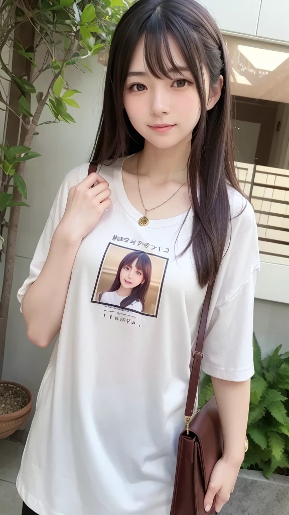 Beautiful and elegant Japanese woman, cute woman who looks good with a smile, beautiful eyes, late s, brown hair, pendant, T-shirt
