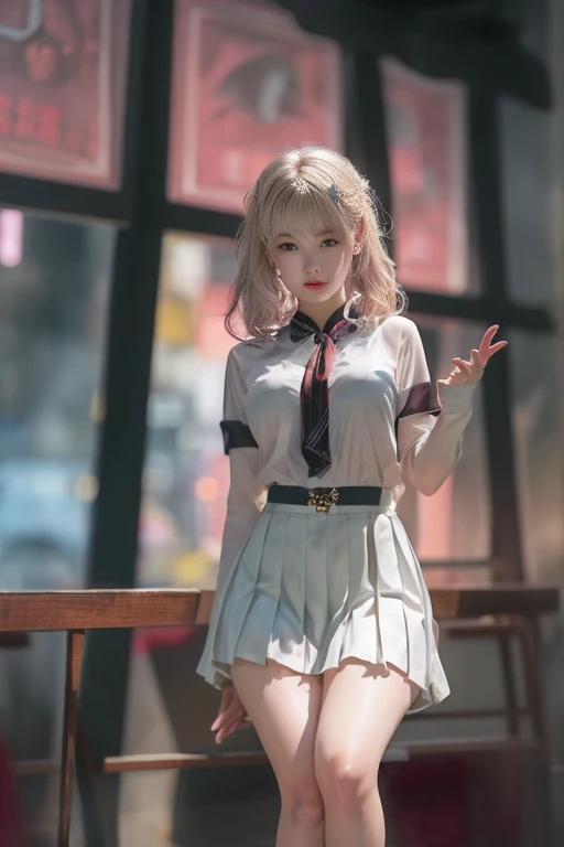 ultra Realistic 8k cg, picture-perfectionな顔, perfection, clean, masterpiece, Professional artwork, Famous works of art, perfectionな顔, Beautiful Face, beautiful eye, ((perfectionな女性の体)), alone,(Immersive atmosphere, Chiaroscuro:1.5,Bright light:1.2,Bright lighting)
,,(blush:0.5),Seductive look,Very detailed_eye,Thick thighs,Large Breasts,
Beautifully detailed backgrounds,Depth of written boundary,Realistic:1.3, Long Shot,One girl,shirt,Pleated skirt, , Sitting, whole body,
(Zhou Haoguang:1.3),(Structure of the film:1.3),(Neon Light:0.1),(High resolution:0.1),Accent lighting, White Pantyhose,