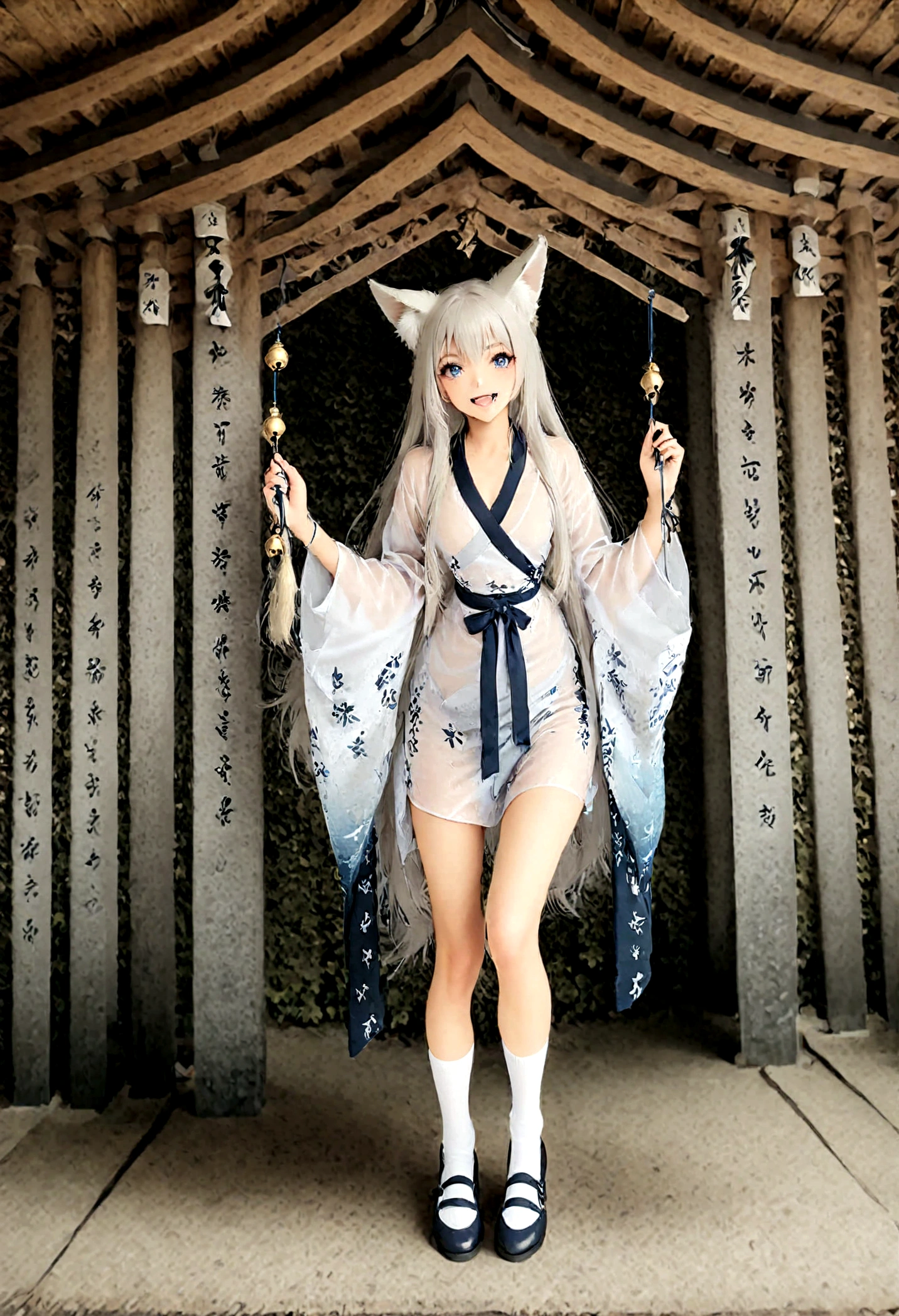 Kitsune human girl in her 20s with long white hair and white fox ears wearing white kimono with a blue belt with a white skirt and shirt socks with a blue ties blue eyes and from below a thin yellow colour holding string bells with a lot of blue sparkles around her and she has nine white tails as she's smiling with her mouth open revealing her fox fangs background holy Shrine in the mountains 