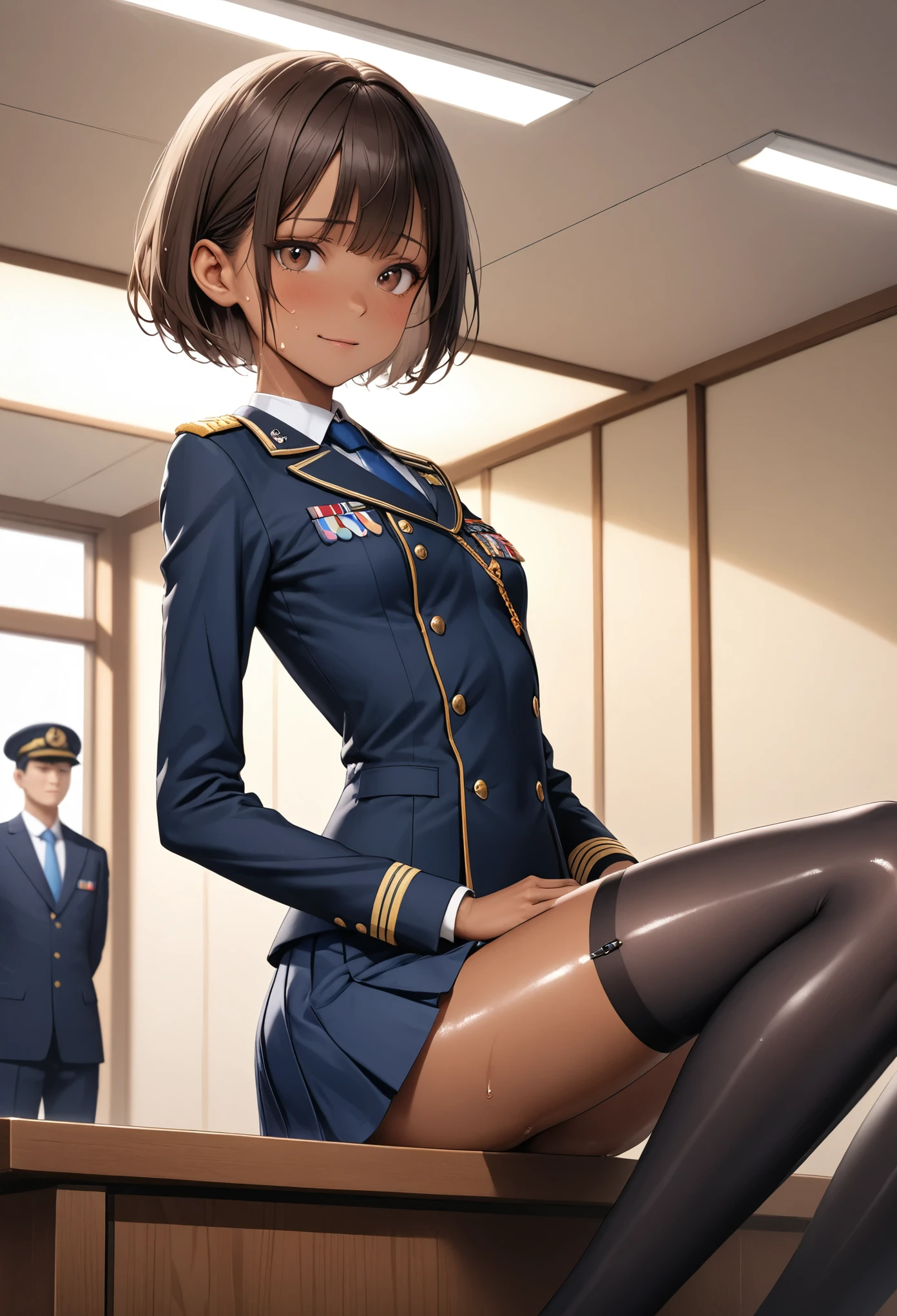 (masterpiece,Highest quality:1.3,best quality illustration),realistic,cowboy shot,1woman,30 year old Japanese beauty,Naval officer、((very small head:1.4)),short bob hair,brown hair,bangs,brown eyes,gorgeous eyes,shy,smile,((Dark blue blazer jacket、White Shirt、Blue tie、Navy blue mini skirt,Black garter belt,black thighhighs))、navy uniform,small breasts,((very long body:1.4,tan skin:1.2)),(toned body,slender body,skinny),gleaming skin,shiny skin,sweat:1.2,standing,sitting,conference room、Naval Base、