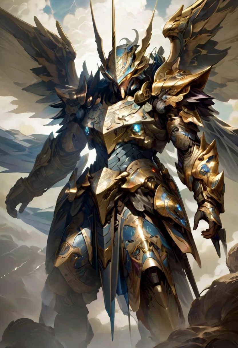 An elderly warrior, clad in ancient armor, descending from the skies in a mechanical dragon, his eyes filled with wisdom and sorrow