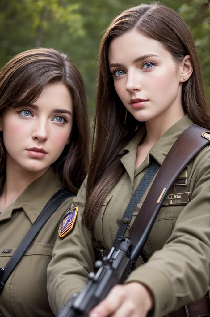 US Army female soldiers, 1940s,Brown Hair , Blue Eye, Beauty、Detailed face, looking at the camera,Germanic Americans , Holding an M1 Garand, high quality