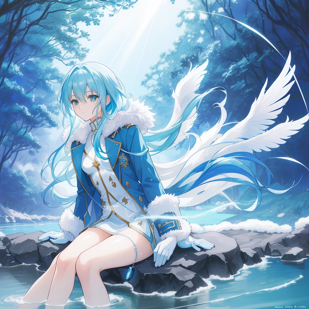 ((A long shot)) of a aqua-haired anime teen girl, (sitting near a (river), ((strong sunlight)), cinematic light, slim body, skin is perfectly healthy, soft, and smooth, Extremely delicate and beautiful CG illustration, best quality, high resolution, dynamic angle, full-length lens, (1 girl), floating, soft light, high-key lighting), glowing light, blue halo, feathers fluttering background, blue crystal, ((very cinematic)), ((wearing a blue winter coat with fur)), (wearing white gloves)