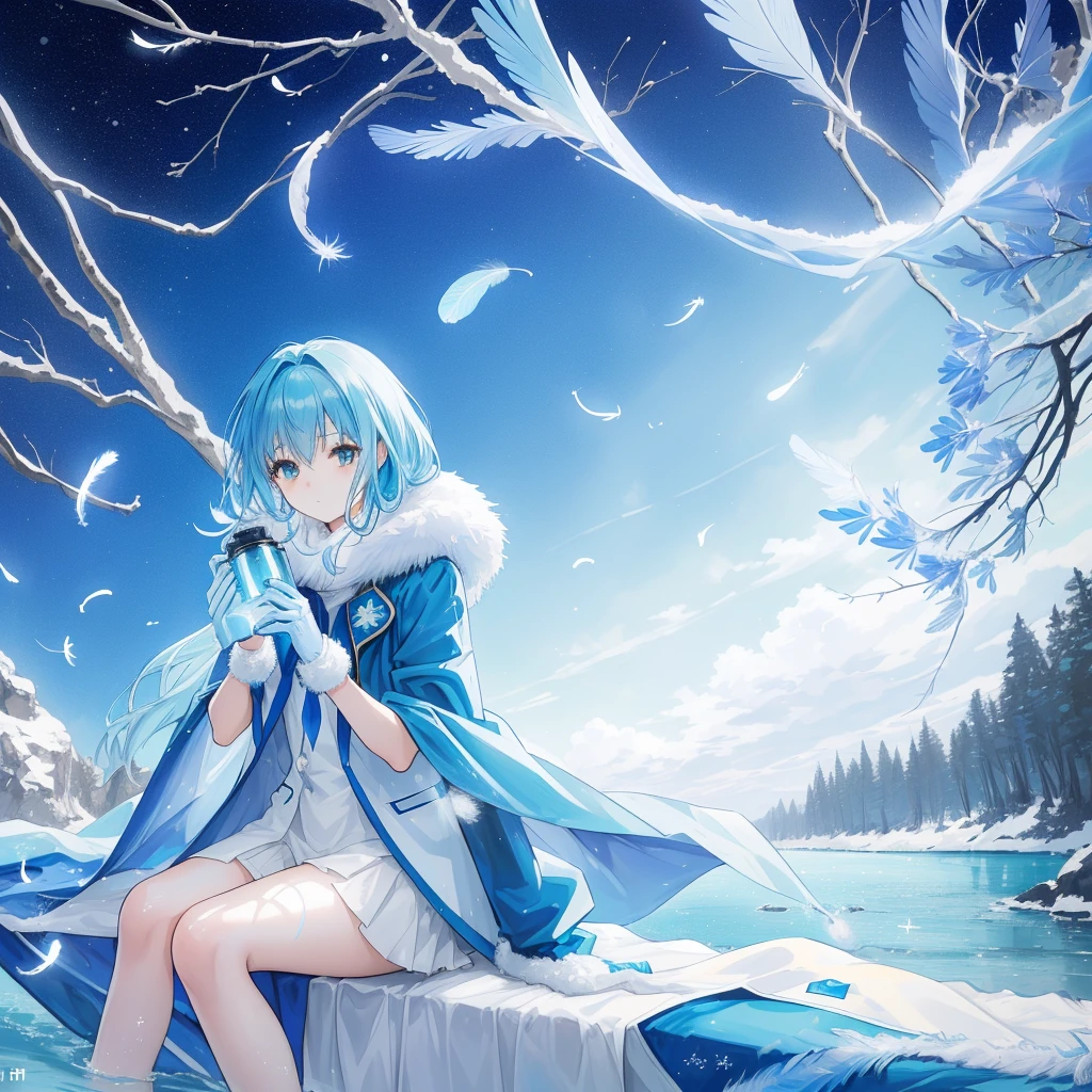 ((A long shot)) of a aqua-haired anime teen girl, (sitting near a (river), ((strong sunlight)), cinematic light, slim body, skin is perfectly healthy, soft, and smooth, Extremely delicate and beautiful CG illustration, best quality, high resolution, dynamic angle, full-length lens, (1 girl), floating, soft light, high-key lighting), glowing light, blue halo, feathers fluttering background, blue crystal, ((very cinematic)), ((wearing a blue winter coat with fur)), (wearing white gloves)