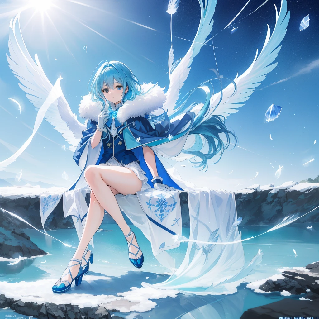 ((A long shot)) of a aqua-haired anime teen girl, (sitting near a (river), ((strong sunlight)), cinematic light, slim body, skin is perfectly healthy, soft, and smooth, Extremely delicate and beautiful CG illustration, best quality, high resolution, dynamic angle, full-length lens, (1 girl), floating, soft light, high-key lighting), glowing light, blue halo, feathers fluttering background, blue crystal, ((very cinematic)), ((wearing a blue winter coat with fur)), (wearing white gloves)