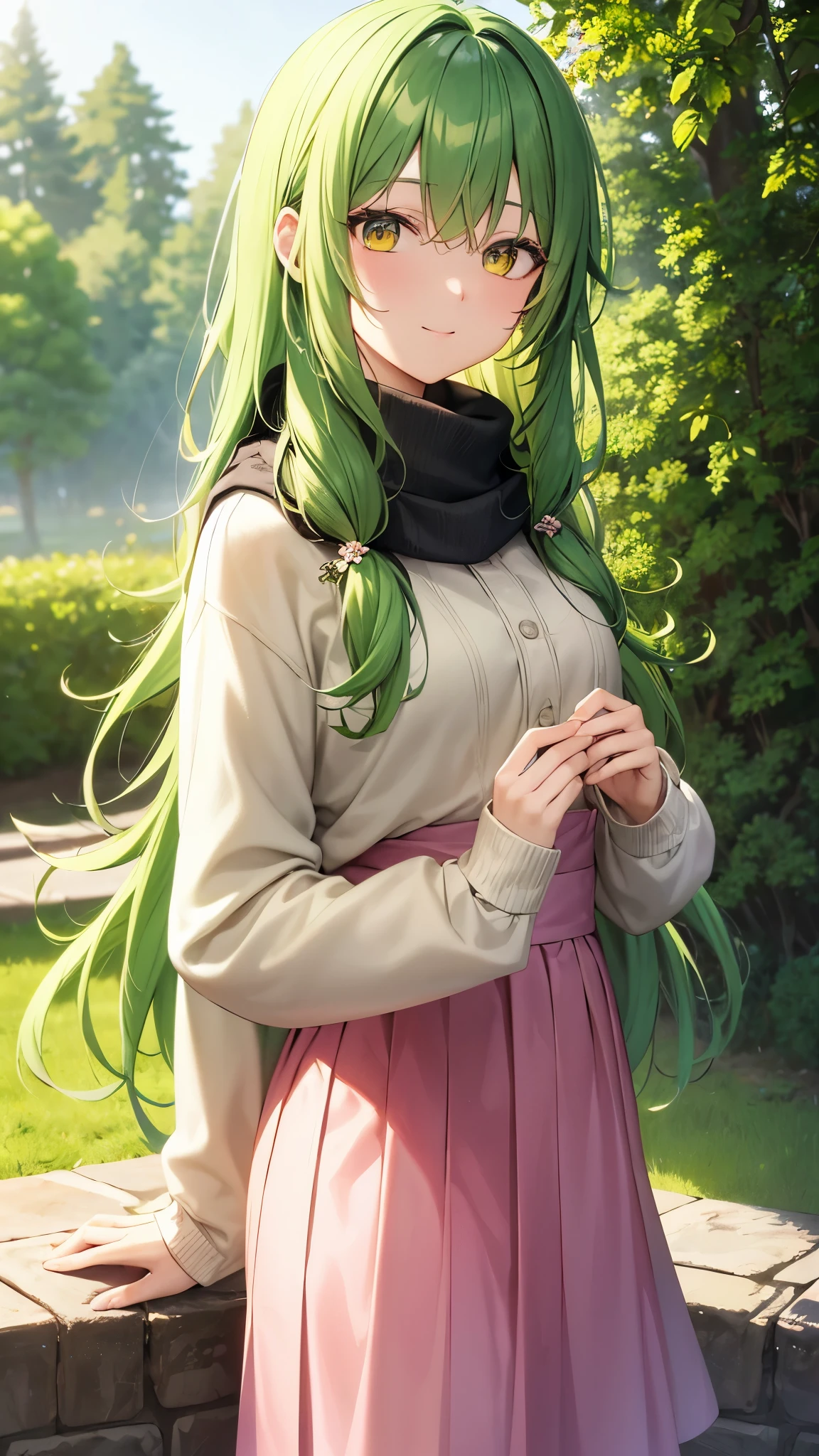 green hair, yellow eyes, black braid, hair parted to the right, hair clip, flower in hair, flower in hair, 
smile, calm, pastel sweater, denim jacket, pink skirt, garden, sunlight, scarf, hands behid back, 
ultra-detailed, absurdres, unreal engine, masterpiece, best quality, beautiful eyes, volumetric lighting, silky_hair), best quality, ultra-detailed, looking at viewer, highres, 8k wallpaper, extremely detailed, smooth lighting, 8k, depth of field, masterpiece, cinematic lighting,