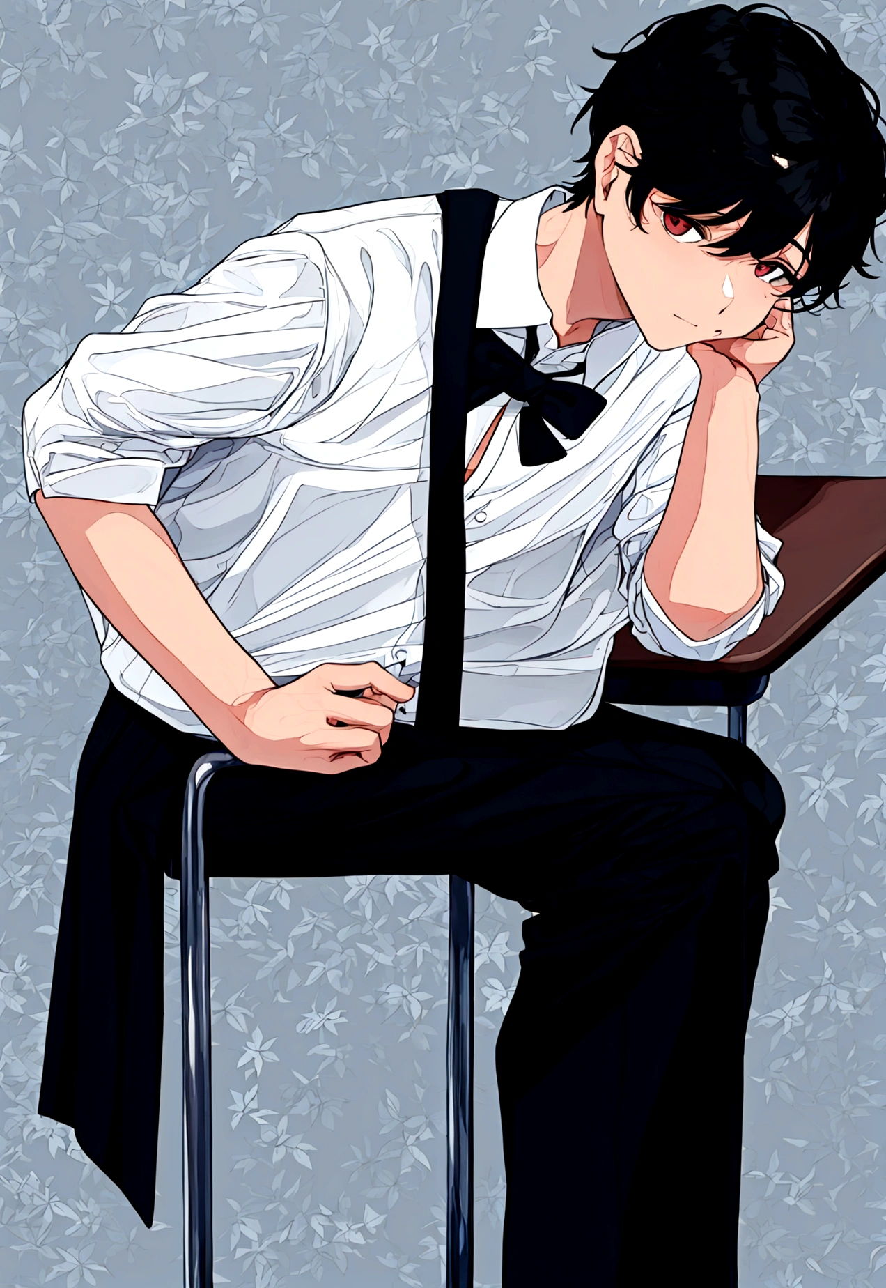 1 male, school boy, white shirt, black pants, black hair