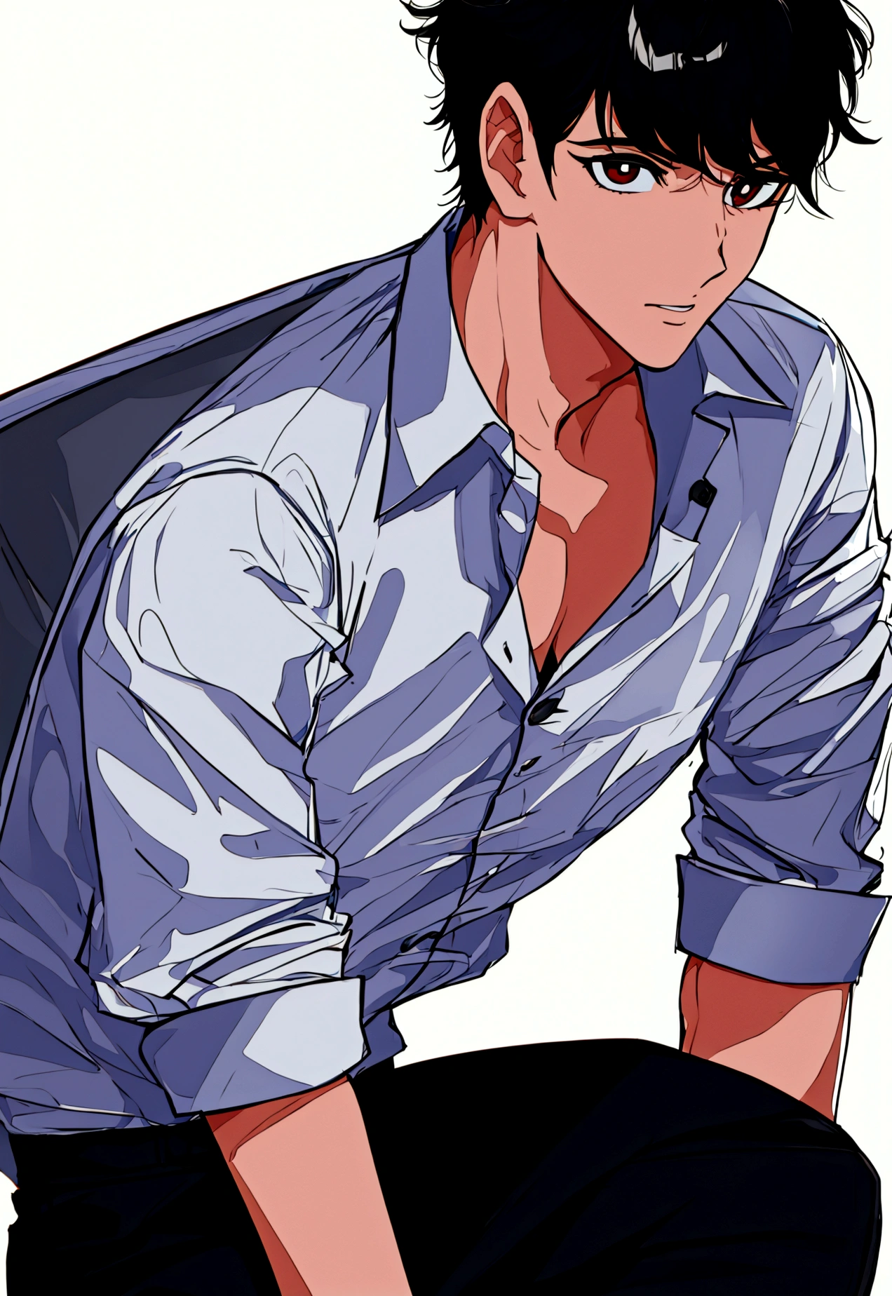 1 male, school boy, white shirt, black pants, black hair