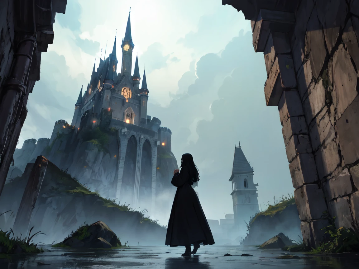 dark castle, a shadow putting its hands under the castle, horizon, night, dungeon, catacomb, gloomy, a woman with long hair and voluminous appearance, looking at the castle on the horizon,
