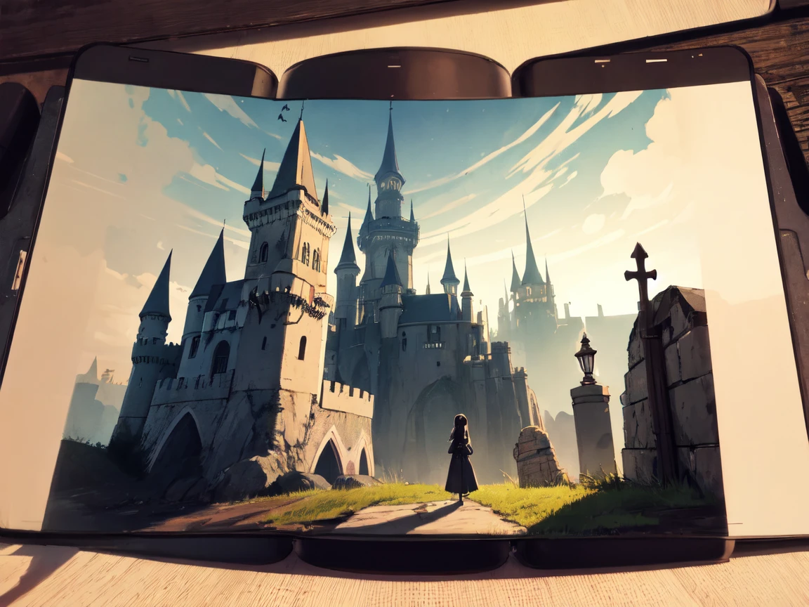 dark castle, a shadow putting its hands under the castle, horizon, night, dungeon, catacomb, gloomy, a woman with long hair and voluminous appearance, looking at the castle on the horizon,