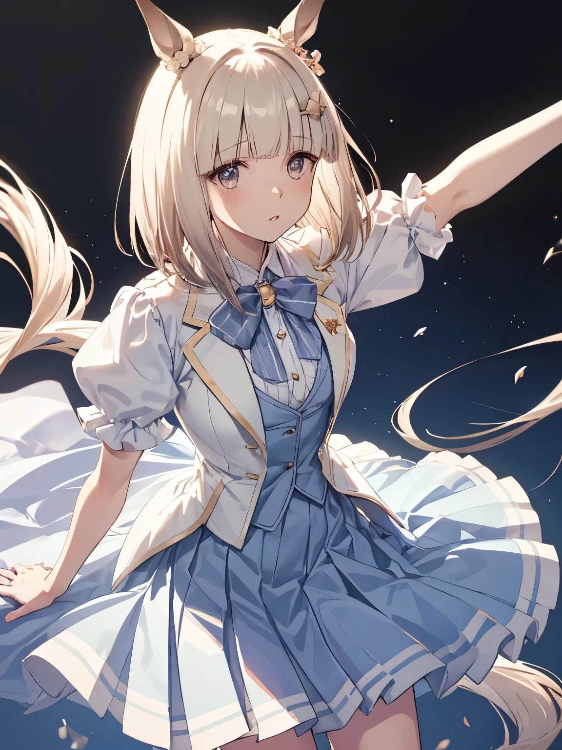 Mik, 1 girl, Solo, Best Quality, masutepiece, 8K, High resolution, Ultra-detailed, bob hair, reach arm for viewer, horse ears, horse tail, long coat, front opened, off white coat, short sleeves, puffy sleeves, pastel blue vest, pastel blue skirt, pleated skirt, large bowtie, short boots,