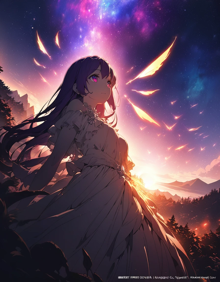 One girl, Beautiful and fine details, Long purple hair, Pale red eyes, Princess Dress, Glowing Skin, resolution, (Anime Style:1.6)High Contrast, ((Mastepiece, Highest quality))Vast landscape photography, (View from below with views of the sky and wilderness below), Girl looking up, (full moon: 1.2), (shooting star: 0.9), (nebula: 1.3), Distant Mountain, Treebreak Production Art, (Warm light source: 1.2), (fire Fly: 1.2), Purple and Orange, Intricate details, Volumetric Lighting, Realism Break (Mastepiece: 1.2) (Highest quality), 4K, Super detailed, (Dynamic Configuration: 1.4), Extremely detailed and colorful, (Iridescent colors: 1.2), (Brilliant lighting, Ambient lighting), dream-like, Magic, (alone: 1.5) Perfect Fingers