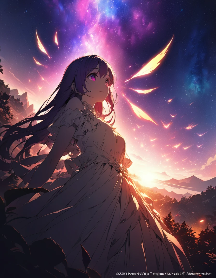 One girl, Beautiful and fine details, Long purple hair, Pale red eyes, Princess Dress, Glowing Skin, resolution, (Anime Style:1.6)High Contrast, ((Mastepiece, Highest quality))Vast landscape photography, (View from below with views of the sky and wilderness below), Girl looking up, (full moon: 1.2), (shooting star: 0.9), (nebula: 1.3), Distant Mountain, Treebreak Production Art, (Warm light source: 1.2), (fire Fly: 1.2), Purple and Orange, Intricate details, Volumetric Lighting, Realism Break (Mastepiece: 1.2) (Highest quality), 4K, Super detailed, (Dynamic Configuration: 1.4), Extremely detailed and colorful, (Iridescent colors: 1.2), (Brilliant lighting, Ambient lighting), dream-like, Magic, (alone: 1.5) Perfect Fingers