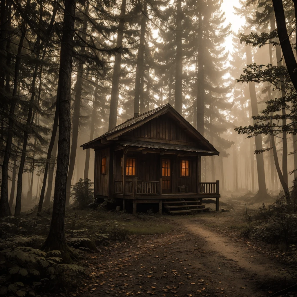 The scene is set in a dense forest where an old, rusty wooden cabin stands. Inside, a person sits on a worn wooden chair, sipping tea. On a small wooden table beside them lies a gothic book, its dark cover contrasting with the rustic surroundings. Outside, the rain pours down, adding a rhythmic soundtrack to the scene. The sky is a peculiar brownish hue, casting an eerie, sepia-toned light over the forest, enhancing the gothic and mysterious atmosphere.