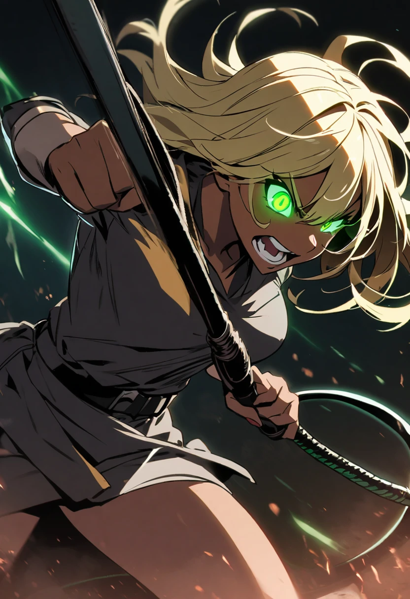 girl, dark skin, blond hair, green eyes, using whip, violent, cool, glowing eyes