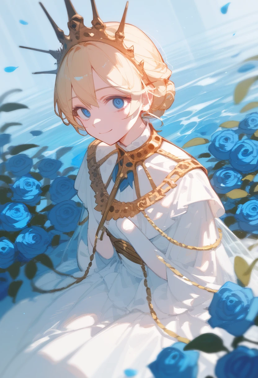 Princess, blonde hair, royal features, narrow eyes, slight smile, white dress, in the middle of a sea of blue roses, sitting, her hands covered in blue roses, arms lowered, hair ball tie