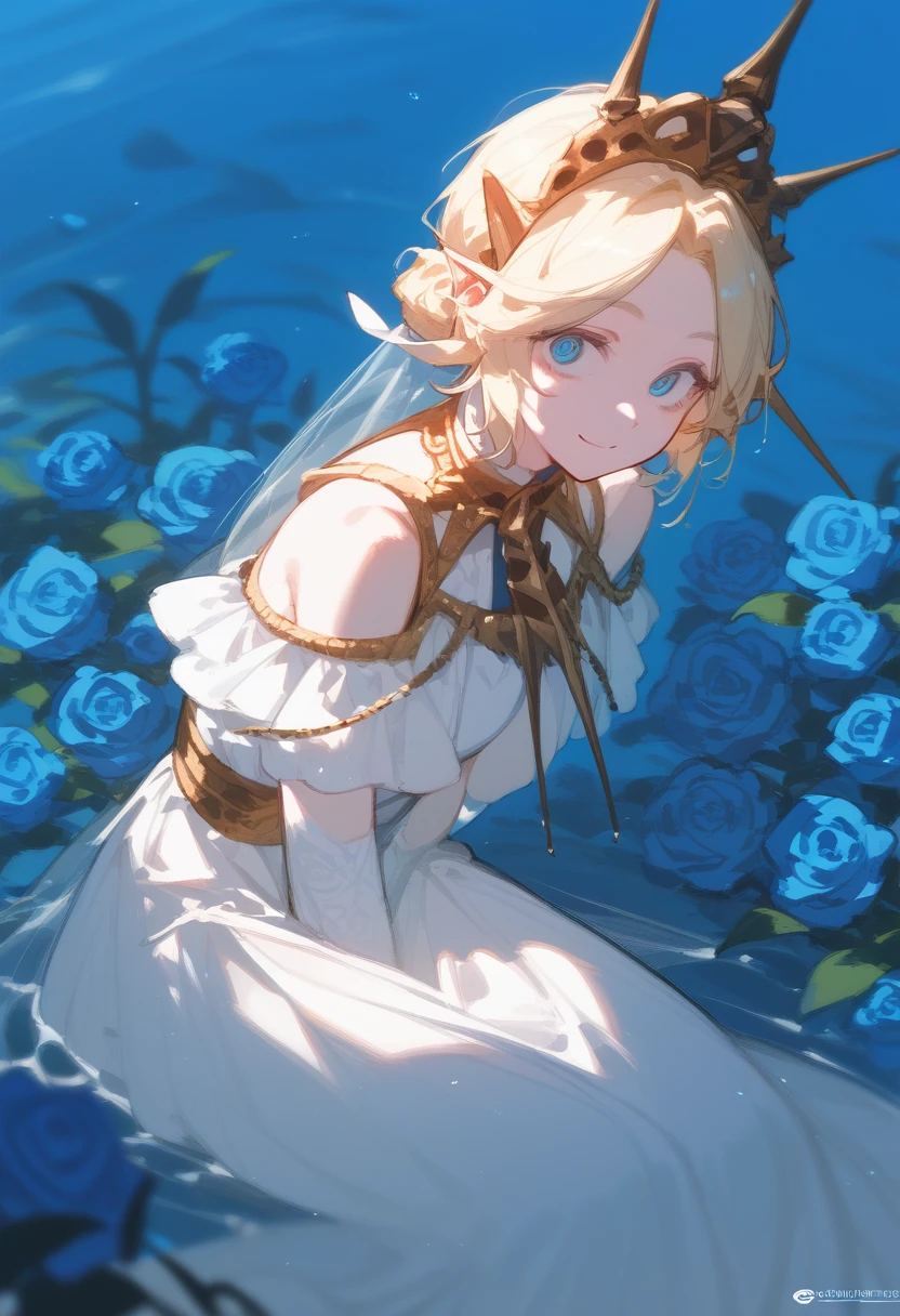 Princess, blonde hair, royal features, narrow eyes, slight smile, white dress, in the middle of a sea of blue roses, sitting, her hands covered in blue roses, arms lowered, hair ball tie