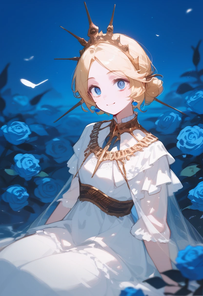 Princess, blonde hair, royal features, narrow eyes, slight smile, white dress, in the middle of a sea of blue roses, sitting, her hands covered in blue roses, arms lowered, hair ball tie
