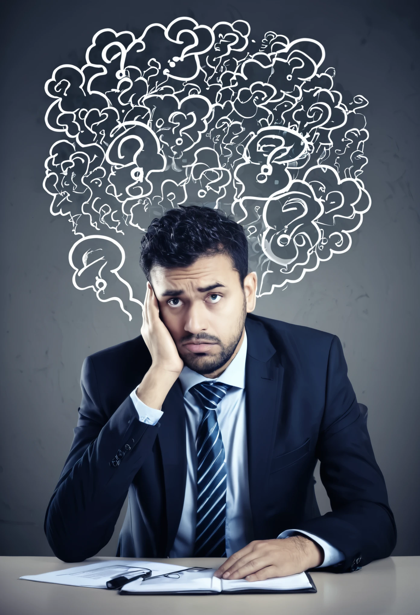sad businessman with doubts needs help