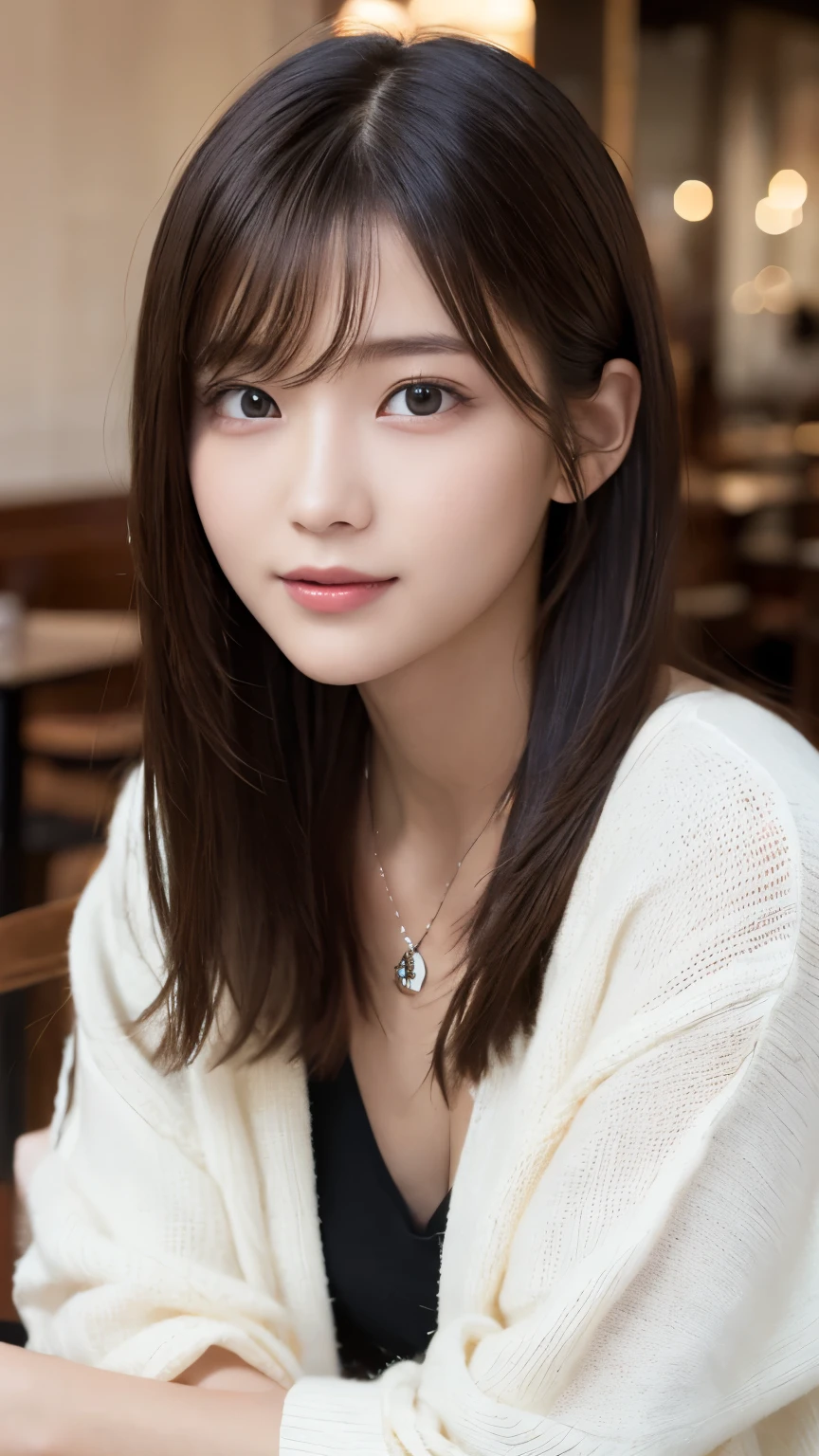 NFSW、masutepiece、masterpiece、1 girl in、(close up of face、cowboy shot)、Straight front view、japanes、very young cute woman、(The cutest girl in the world)、 student、Smaller face、large full breasts、autumn knit jacket、sheer inner、Chiffon skirt、Ultra-detailed costumes、Smiling in a café、Scrunchie、Thin necklace、Glamorous figure、hyper cute face、shiny lip、Double eyelids in both eyes、 natural make up、long eyeslashes、shiny smooth light brown hair、bangss、Short twin tail hair、Asymmetrical bangss、image in center、8K resolution、high details、Detailed hairstyles、A detailed face、spectacular movie lighting、octane renderings、with a vibrant、Ultra-realistic、Perfect limbs、perfect anatomia