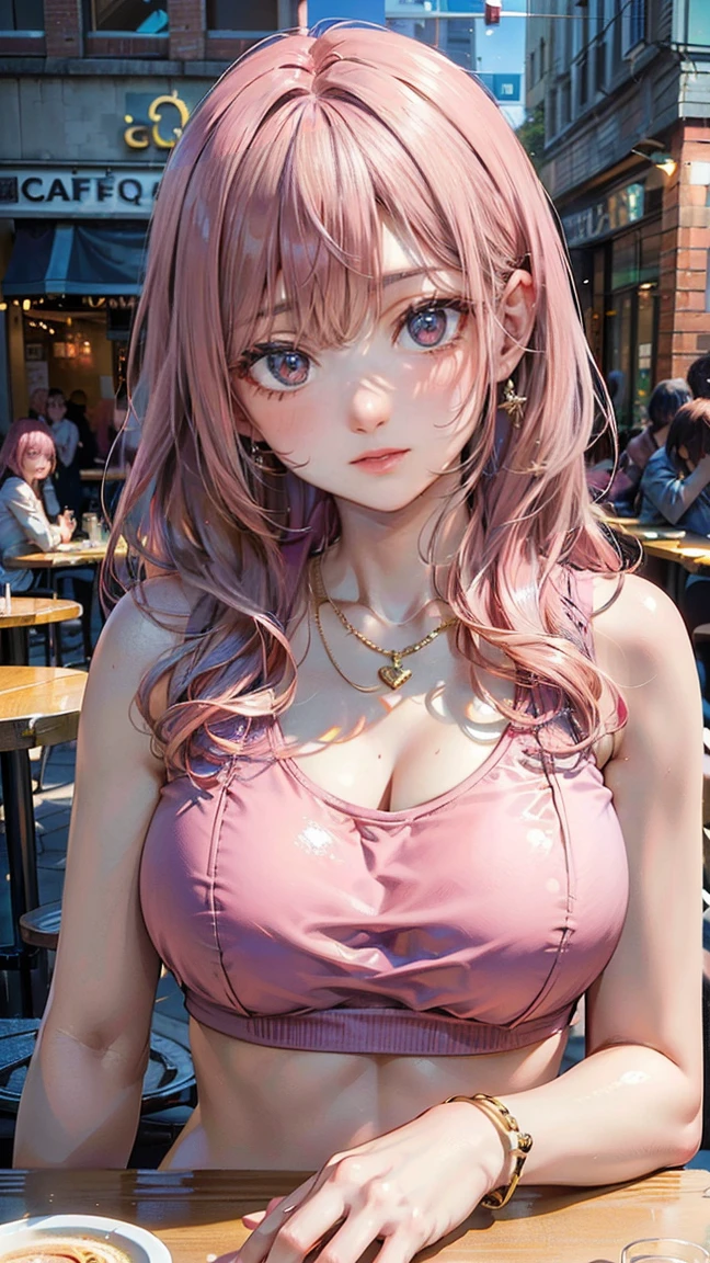(Masterpiece, BestQuality:1.3), (ultra detailed:1.2), (hyperrealistic:1.3), (RAW photo:1.2), High detail RAW color photo, professional photograph, (Photorealistic:1.4), (realistic:1.4), professional lighting, perfect anatomy, (Big Breasts:1.2), (blush, detailed face), (cheerful Smile:1.5), (Pink Hair:1.5), Trending Hair&Trending Hairカラーをランダムに, earrings, necklace, bracelet, sexly, erotic sexly, Random sexy gravure poses, (At a cafe terrace in the downtown area、Stunning beauty in a purple crop top and it at the table、Glancing provocatively at the camera。A gold chain necklace adorns the chest。: 1.3)