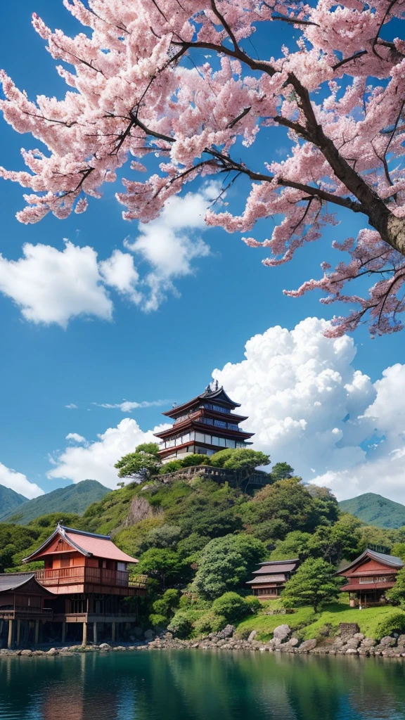 Create a stunning anime landscape featuring a serene, floating island surrounded by cascading waterfalls and vibrant cherry blossom trees. The island is adorned with a traditional Japanese wooden house, nestled amidst lush, colorful foliage in full bloom. Above the island, a majestic mountain with a snow-capped peak rises into a sky filled with fluffy, cotton-candy clouds. The scene is bathed in soft, warm sunlight, casting gentle shadows and highlighting the natural beauty of the environment. In the distance, other smaller floating islands can be seen, connected by slender waterfalls that disappear into the clouds below. a girl looking from the house