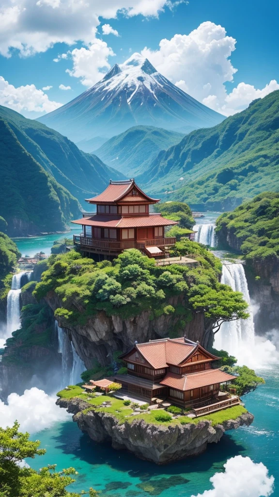 Create a stunning anime landscape featuring a serene, floating island surrounded by cascading waterfalls and vibrant cherry blossom trees. The island is adorned with a traditional Japanese wooden house, nestled amidst lush, colorful foliage in full bloom. Above the island, a majestic mountain with a snow-capped peak rises into a sky filled with fluffy, cotton-candy clouds. The scene is bathed in soft, warm sunlight, casting gentle shadows and highlighting the natural beauty of the environment. In the distance, other smaller floating islands can be seen, connected by slender waterfalls that disappear into the clouds below. a girl looking from the house