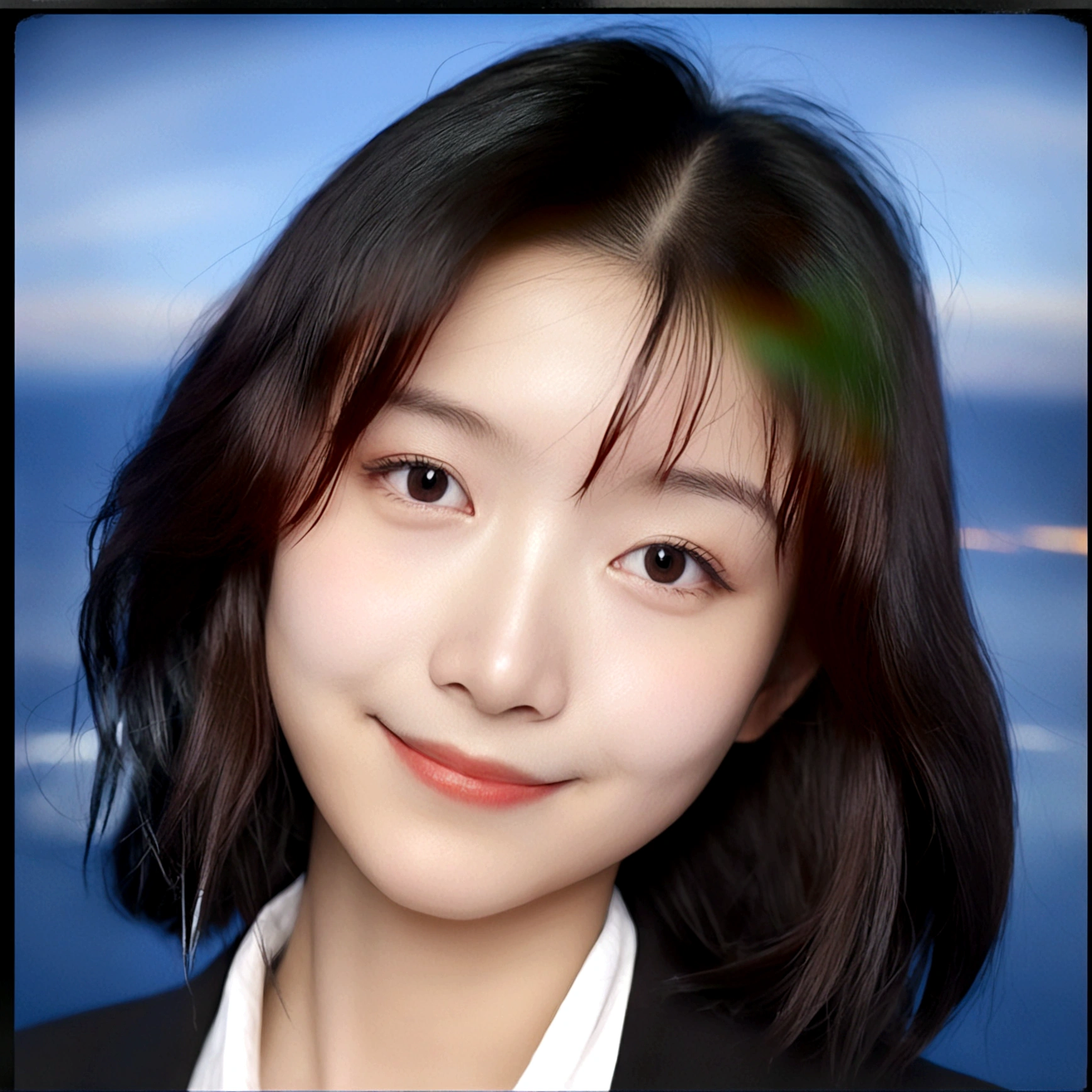 1girl, solo, looking at viewer, smile, black hair, closed mouth, female focus, black eyes, lips, portrait, realistic