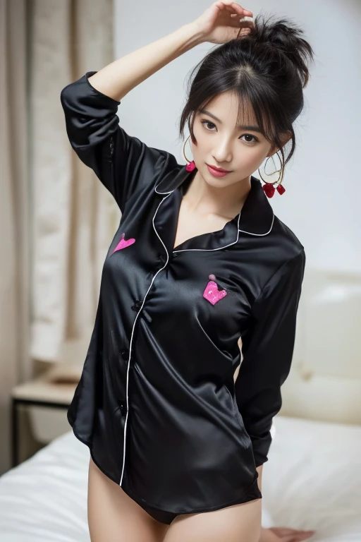 top Quority,Ultra-clear resolution, ((Beautiful Chinese aunt). Body. Sexy. Slim. Thin. Captivating. Natural face. No lipstick. Messy Bun. ( no Earrings-Earrings).
((Micro panties)), ((breasted button-up. Black pajama sleep shirt)), long legs_full body. Pose.??????. sit down. On bed