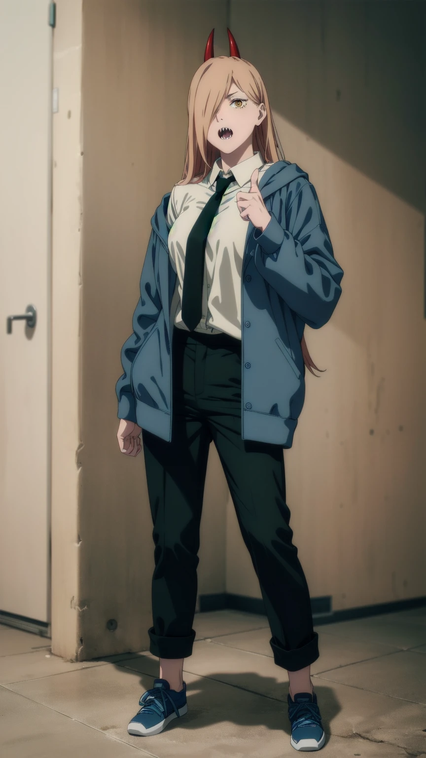 (Full body shot:1.3), standing, White background, Upright stance,ultra realistic 8k cg, masterpiece, (highly detailed, fine details), best quality, 1girl, (photorealistic:1.4),beautiful lighting,  absurdres, RAW photo, film grain, csm anime style, 1girl, horns, solo, teeth, sharp teeth, open mouth, long hair, hair over one eye, demon horns, urban yellow eyes, hood, blonde hair, anime coloring, red horns, jacket, black pants, power (chainsawman), cross-shaped pupils, horns, white shirt, pants, collared shirt, black necktie, blue jacket, pointing finger,