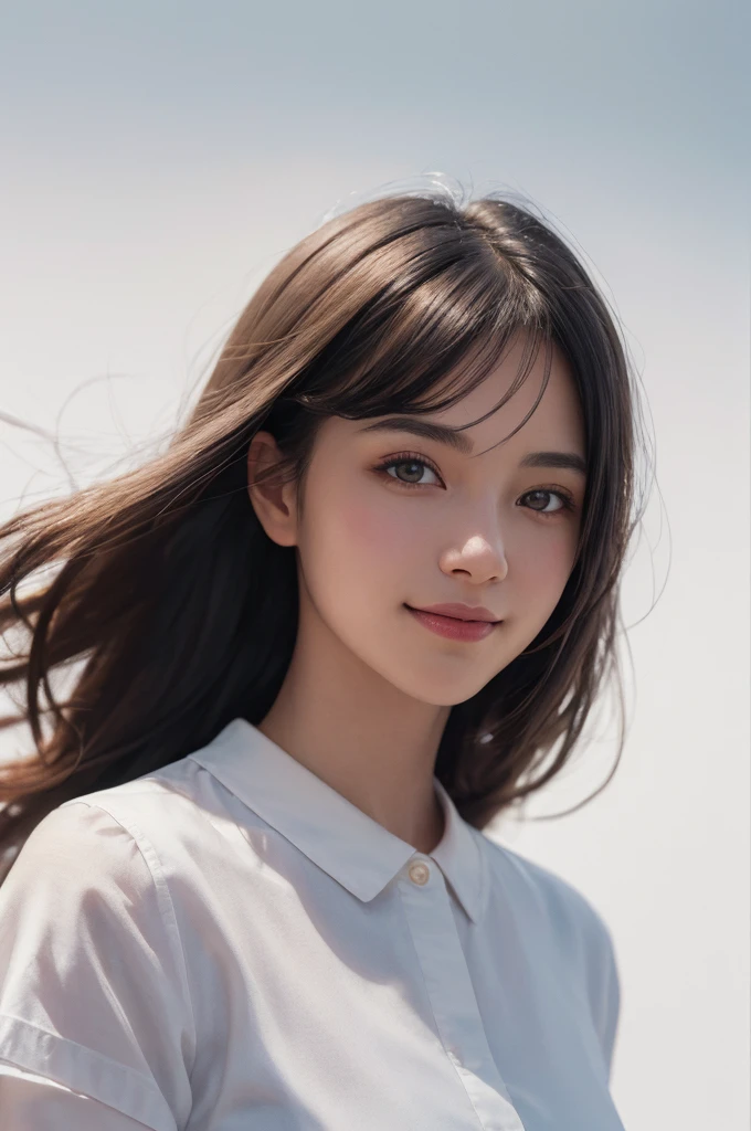 scenic professional photograph of (sharp focus:1.2), ((cowboy shot)), raw photo, DSLR photo, 8k hdr, ((masterpiece, best quality)), photorealistic, (photorealistic:1.2), HDR, high quality, high-definition, 1girl, standing 18 year old girl, Stands in front of a white photo canvas, (completely white background:1.4), Photorealistic, Hyperrealistic, Hyperdetailed, analog style, (soft lighting, soft shadow:1.4), realistic, masterpiece, best quality, ultra realistic, 8k, Intricate, High Detail, film photography, perfect viewpoint, highly detailed, wide-angle lens, hyper realistic, with dramatic sky, polarizing filter, natural lighting, vivid colors, everything in sharp focus, HDR, UHD, 64K, (beautiful_skin fair_skin white_skin), ((realistic_skin)), (young:1.4), perfect face, detailed beautiful face, glossy lips, smile, looking at viewer,