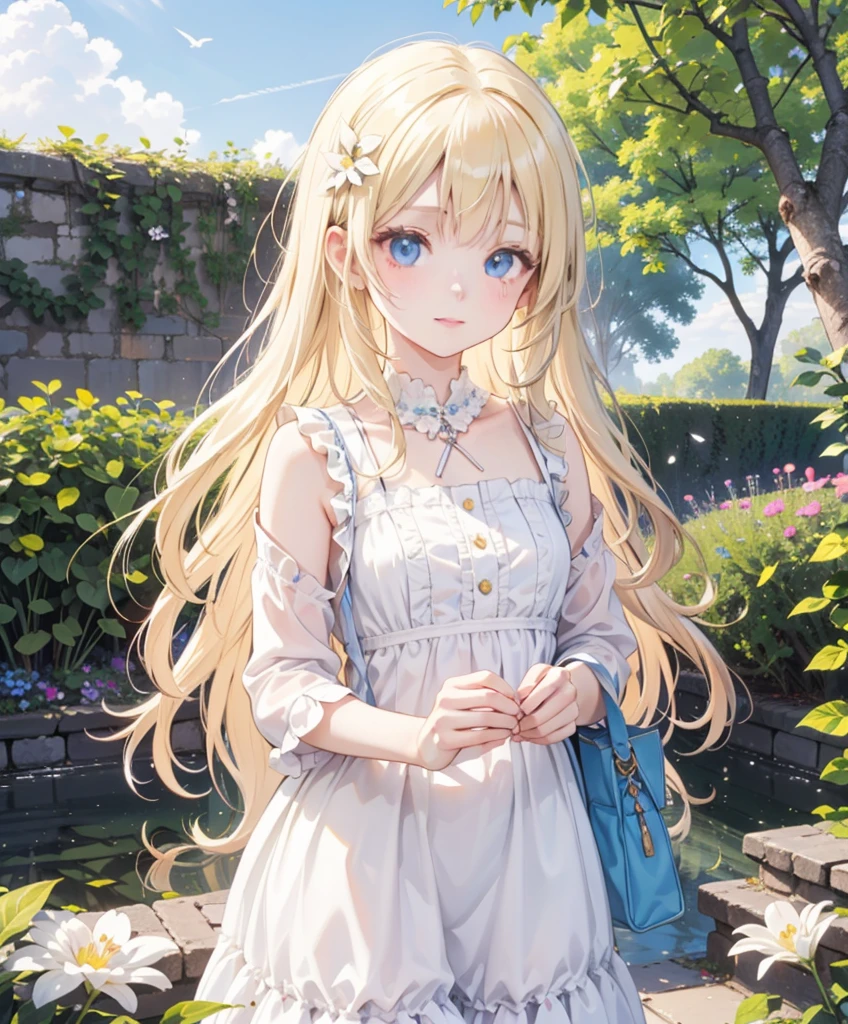 青い目でLight blonde hairの長髪の美女、goddess、White clothes、flower、Detailed landscape、Background Information、masterpiece, garden, blue sky, Light blonde hair, Long Hair, Long eyelashes、