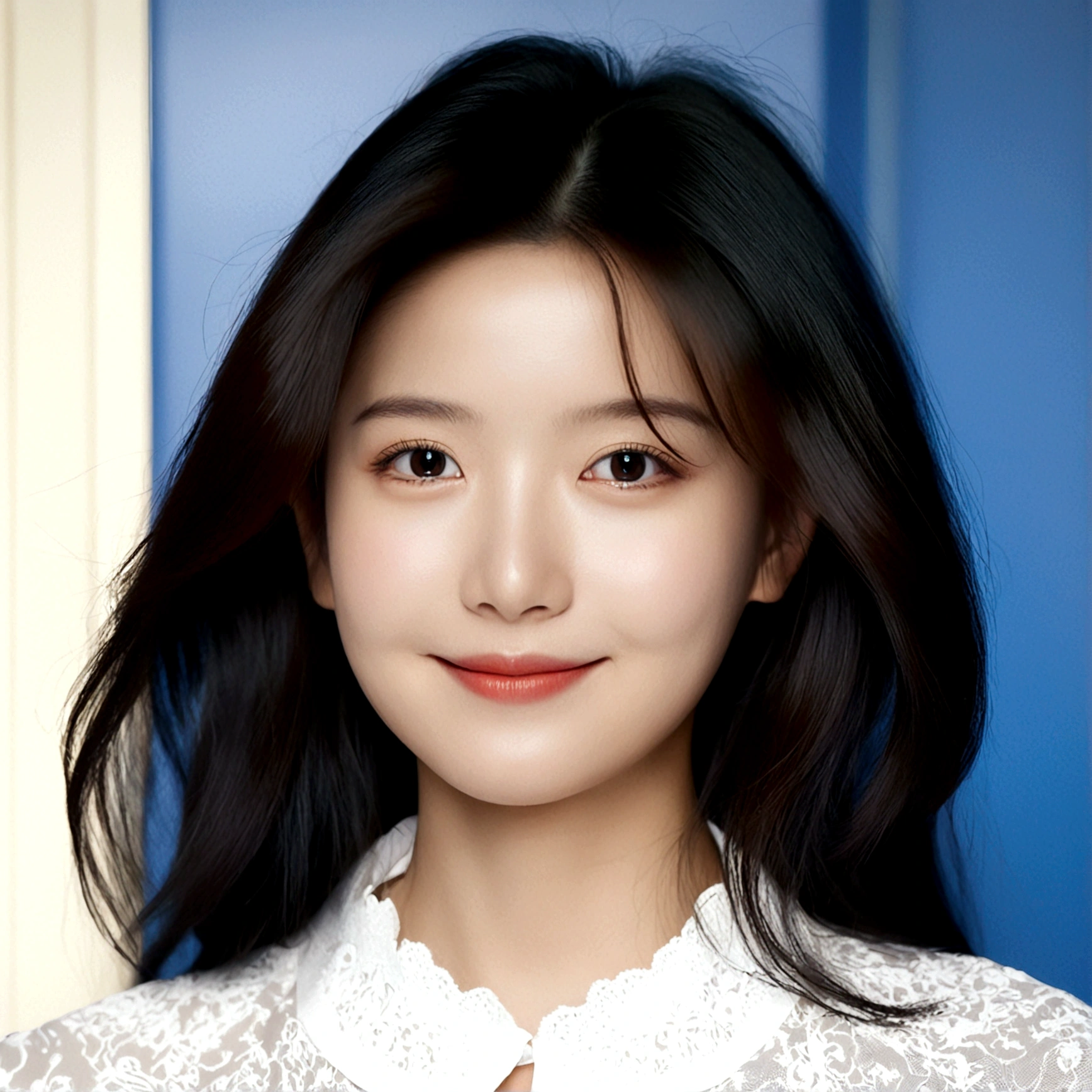 1girl, solo, looking at viewer, smile, black hair, closed mouth, female focus, black eyes, lips, portrait, realistic