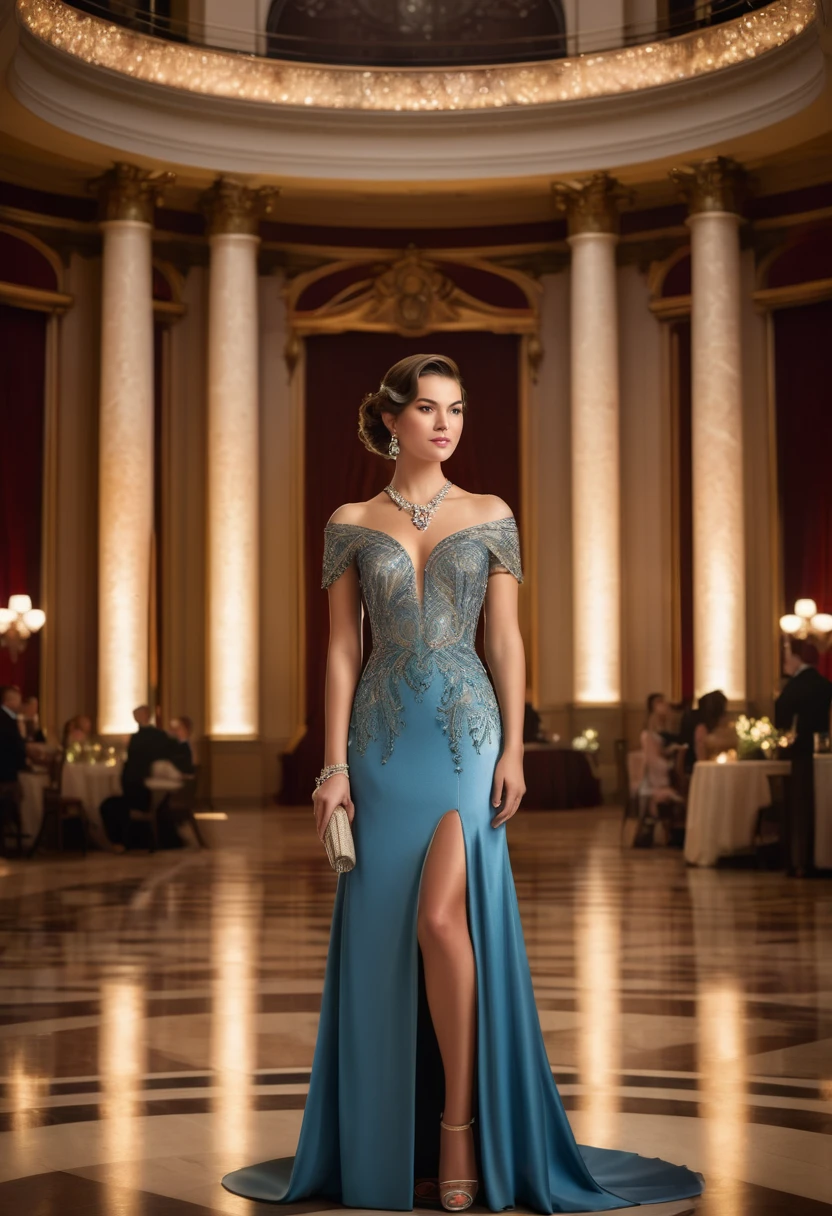 Full length ,"A young woman in an elegant,  evening gown  short sleeve attending a formal event. She is wearing a uniquely designed and beautiful dress, complemented by luxurious jewelry and accessories. The background features a grand and lavish hall with warm, inviting lighting, showcasing a scene of splendor and beauty."