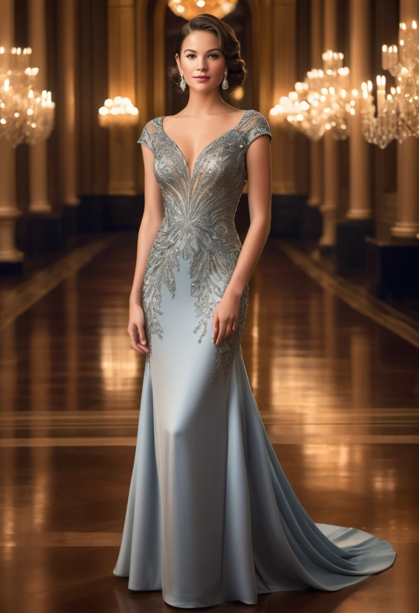 Full length ,"A young woman in an elegant, evening gown short sleeve attending a formal event. She is wearing a uniquely designed and beautiful dress, complemented by luxurious jewelry and accessories. The background features a grand and lavish hall with warm, inviting lighting, showcasing a scene of splendor and beauty."